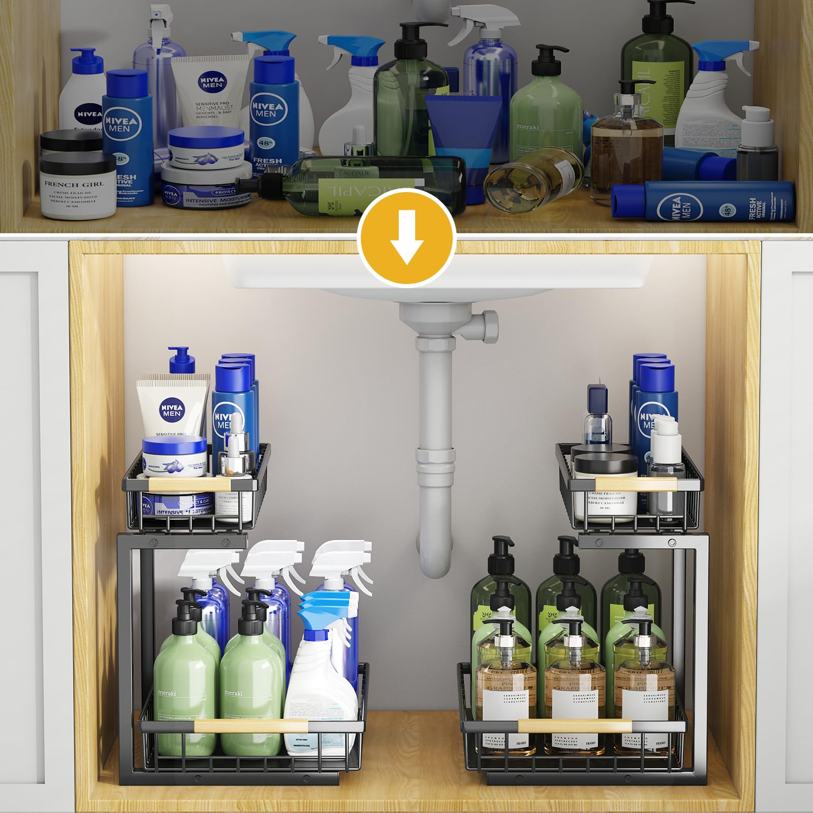 2-Tier Under Sink Organizer & Storage Shelf - Metal Pull Out Cabinet Organizer with Sliding Drawers for Kitchen, Bathroom & Closet (2 Pack) - Perfect for Maximizing Space Under Sinks and Cabinets