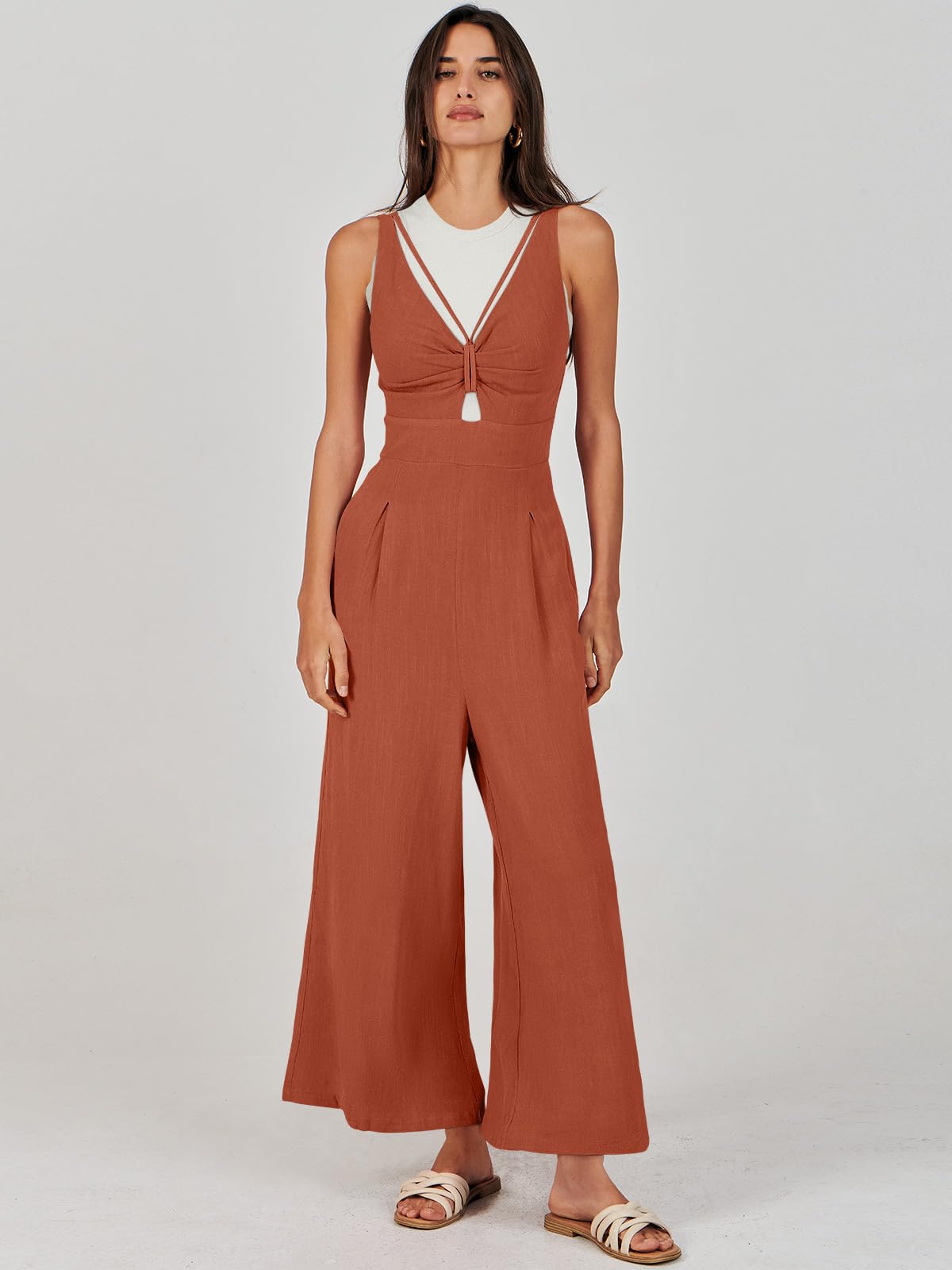 ANRABESS Women's Summer Wide Leg Linen Jumpsuit - V Neck Sleeveless Casual Romper with Pockets | Beach Vacation Outfit, Boho Chic Dressy Lounge Wear for Travel & Outdoor Activities