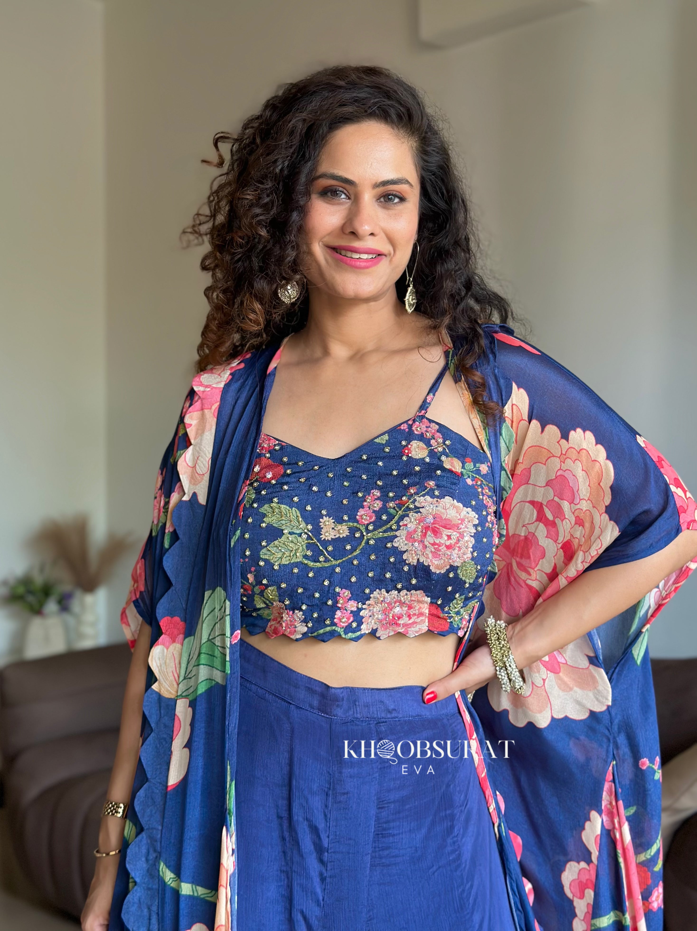 Sparkly Blue Sequin Crop Top with Matching Jacket & Palazzo Pants Set - Perfect for Parties, Night Out, and Special Occasions