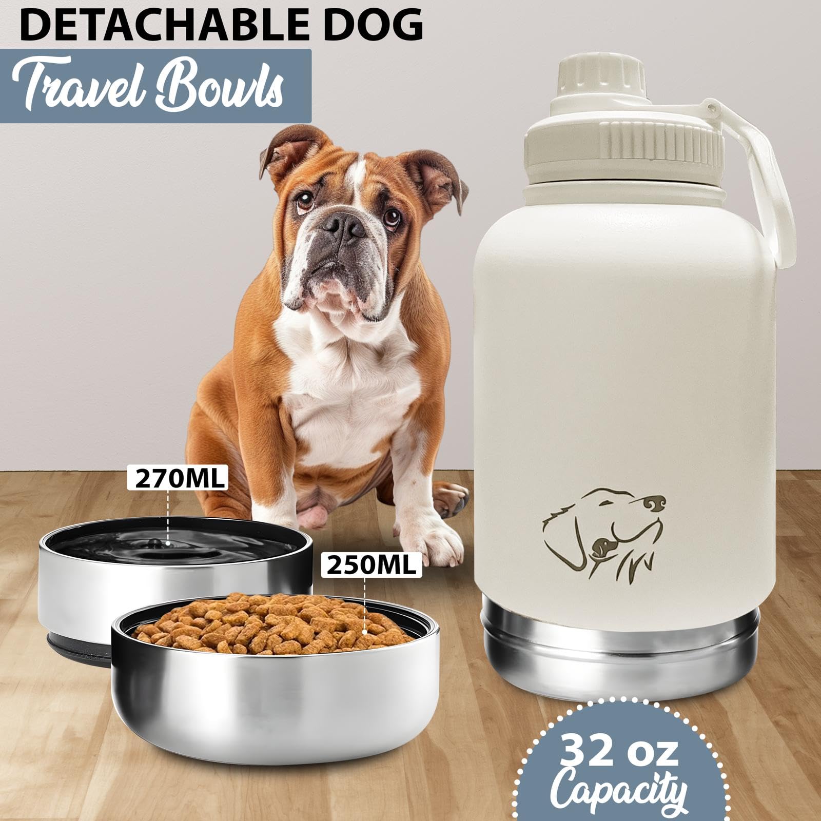 Stainless Steel Insulated Dog Water Bottle - 32oz Portable Travel Water Dispenser with 2 Bowls, Carrying Case & Strap | Leak Proof Double Wall Design for Hiking, Camping, and Outdoor Adventures with Pets