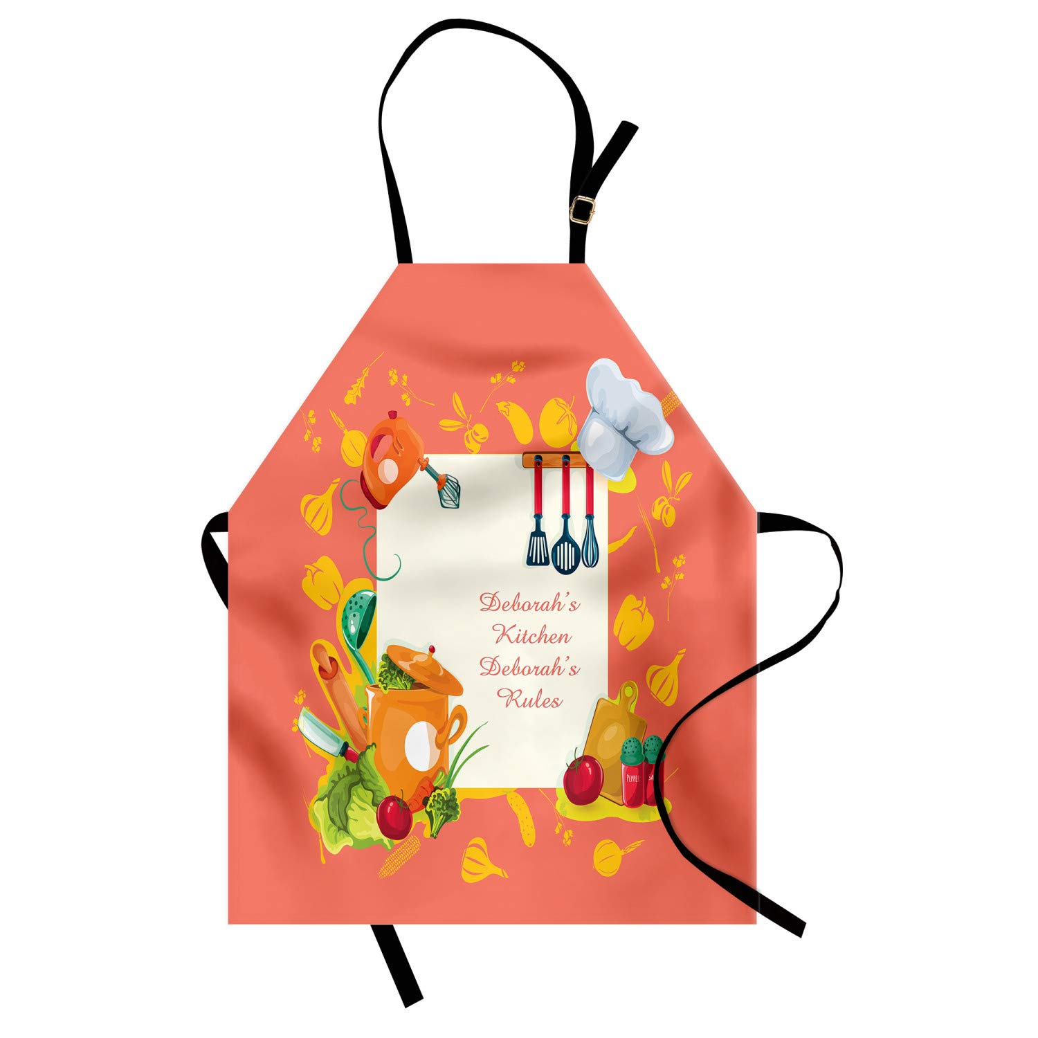 Ambesonne Personalized Chef Apron - Cartoon Illustrated Cooking Utensils Print, Adjustable Neck Unisex Kitchen Bib for Adults (Mustard Coral) - Perfect for Home Cooking, BBQ, Baking & Restaurant Work