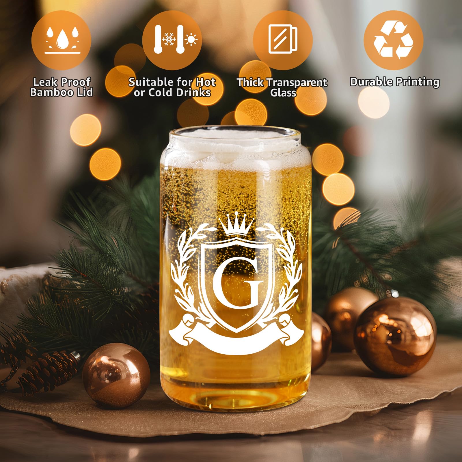 Personalized Monogrammed Beer Can Glass Cup with Lid - Custom Iced Coffee & Beer Tumbler for Men, Women, Dad, Groomsmen - Unique Christmas & Birthday Gift for Beer Lovers, Him, Brother - Perfect for Parties, BBQ, Home Bar & Office Use