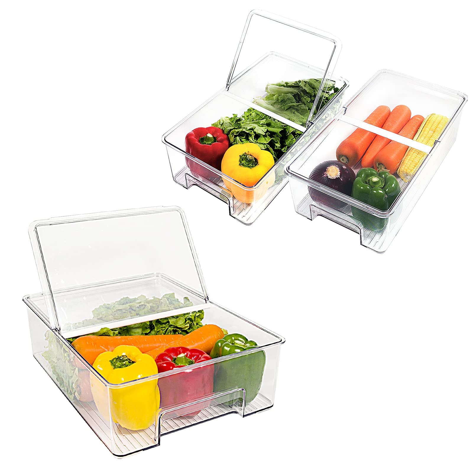 Elabo Food Storage Containers for Fridge - Stackable Refrigerator Organizer Bins with Lids & Drain Tray - Perfect for Vegetables, Berries, Fruits - Keep Produce Fresh Longer in Kitchen & Pantry Organization