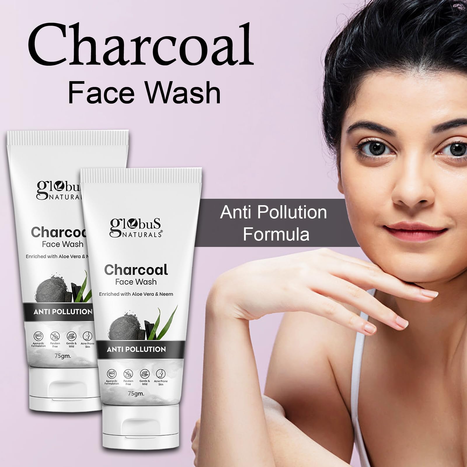 Globus Naturals Anti-Pollution Charcoal & Tea Tree Oil Face Wash for Oily & Acne-Prone Skin - 75g (Pack of 2) | Deep Cleansing, Detoxifying & Oil Control for Daily Skincare Routine