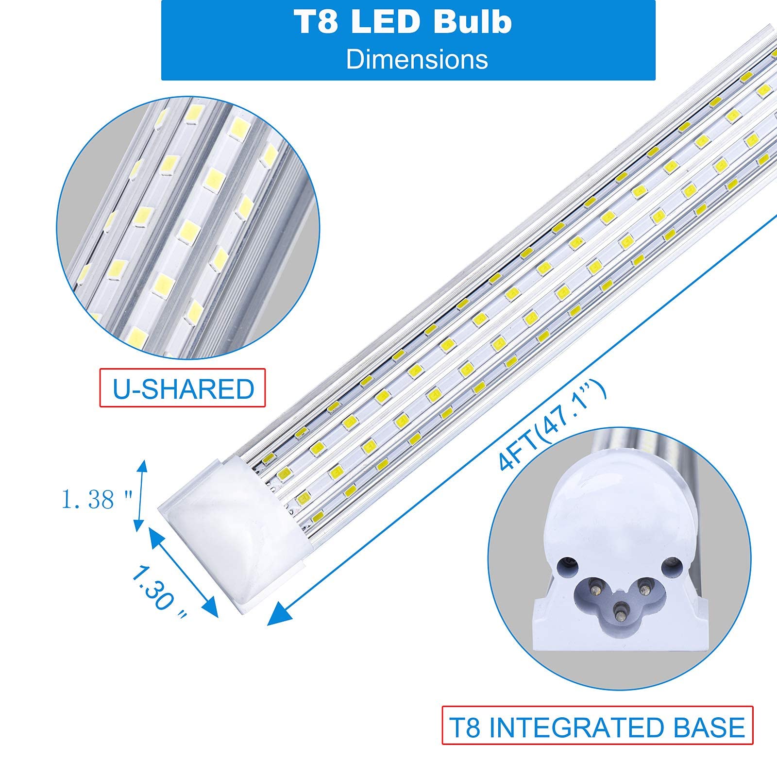 20-Pack 4FT LED Shop Lights, 75W 9500LM 6000K Cold White, U-Shaped Clear Cover Linkable T8 LED Tube Lights with Plug - High Output Lighting for Garages, Workshops, Warehouses & Commercial Spaces