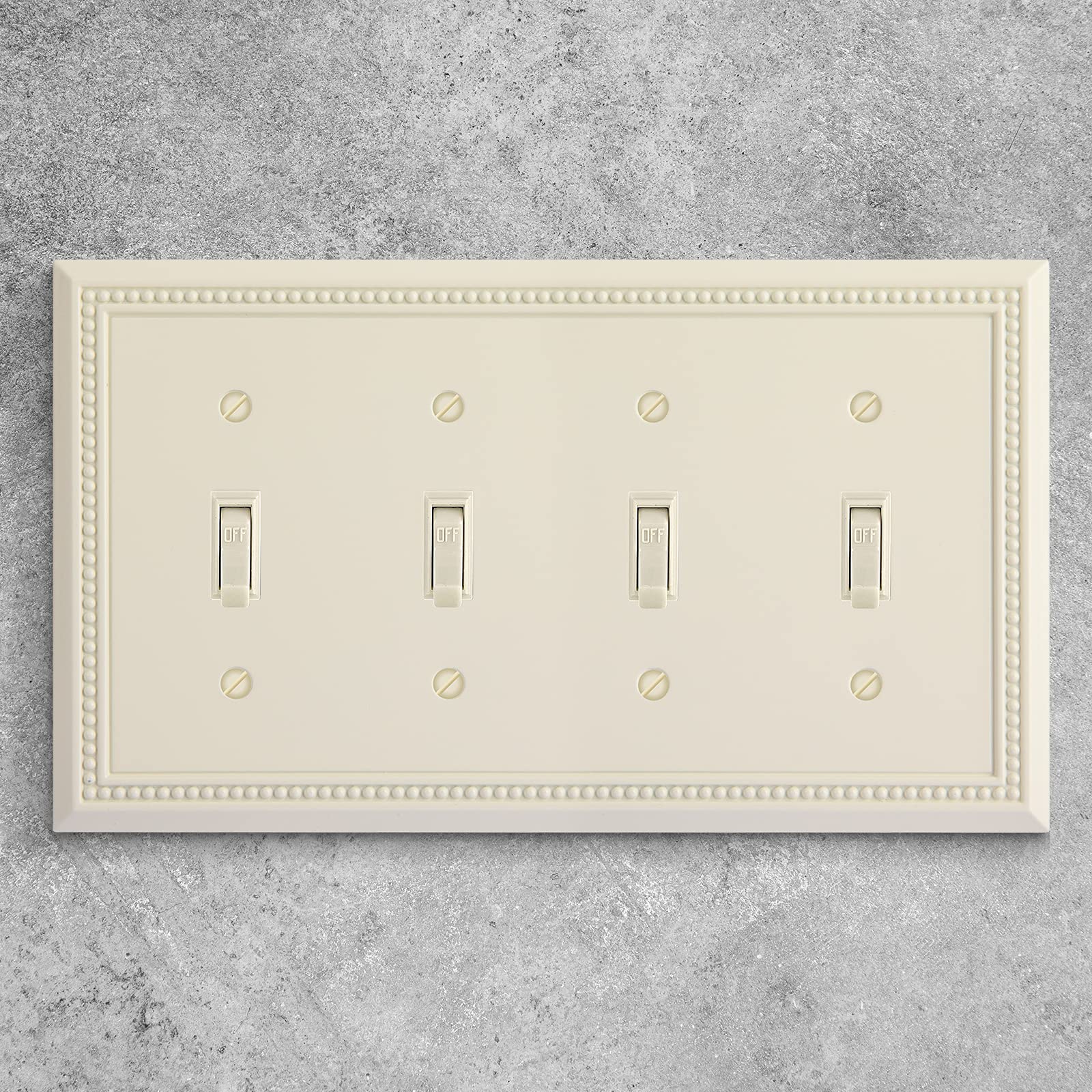 Heavy Duty Decorative Wall Plate Outlet Cover - Sunken Pearls Design, Quad Toggle Switch Plate, Light Almond - Perfect for Living Room, Bedroom & Office Decor