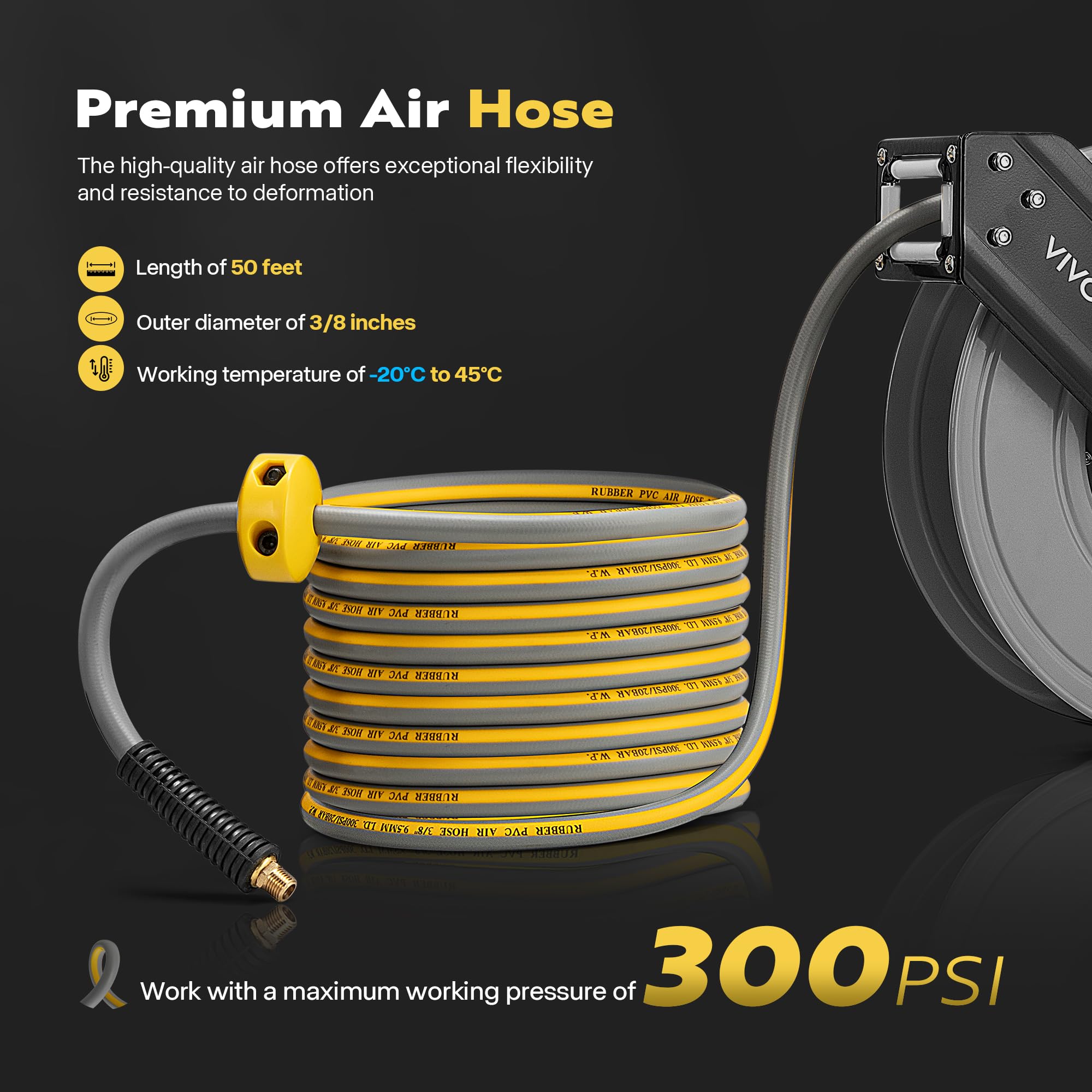VIVOHOME 50 FT x 3/8 IN Heavy Duty Retractable Air Hose Reel - Steel Air Compressor Hose Reel with 300PSI Max Pressure, Ceiling & Wall Mount - Ideal for Garage, Workshop, and Industrial Use