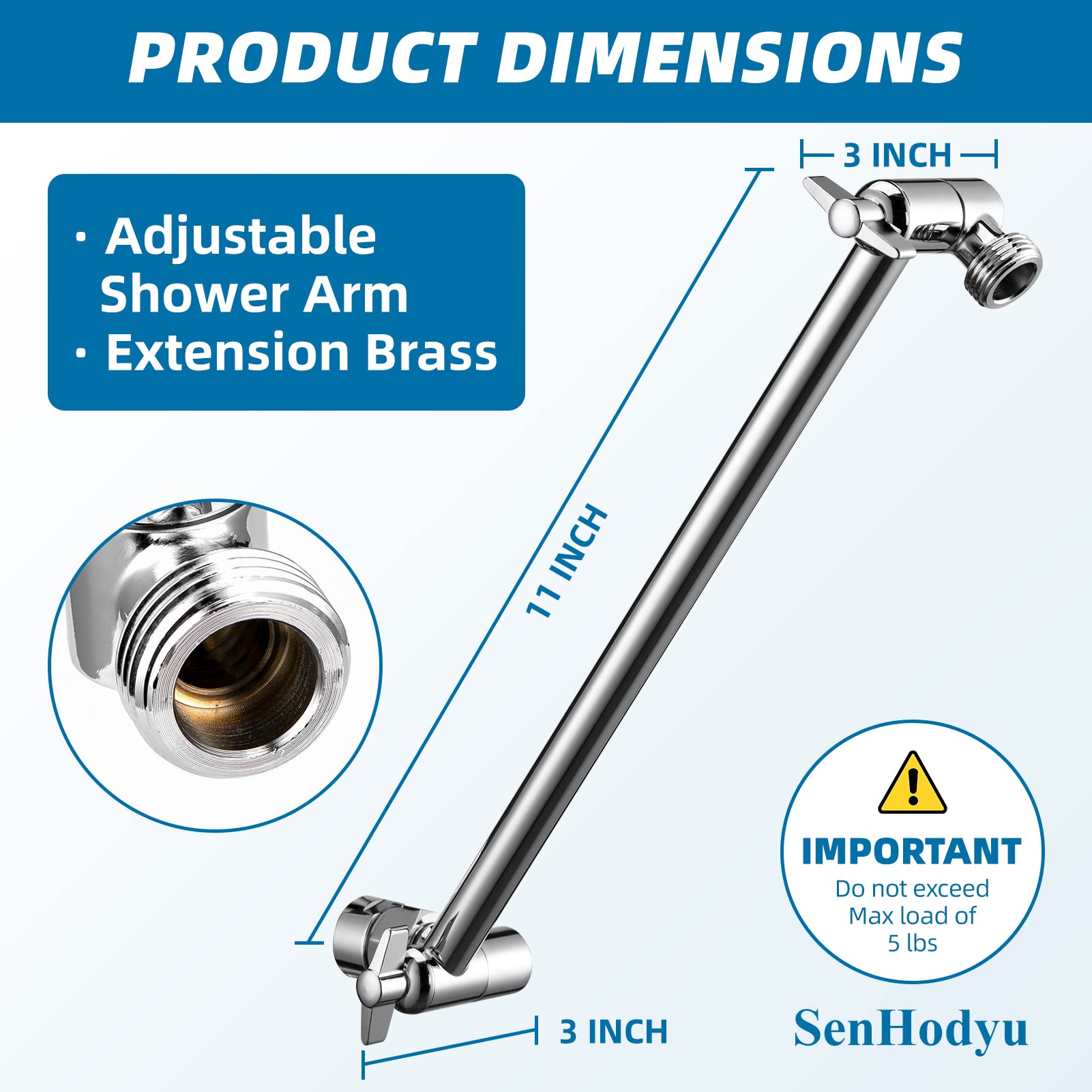 SenHodyu 11 Inch Adjustable Solid Brass Shower Arm Extension with Lock Joints - Universal Rain Shower Head Connector, Easy Installation in Luxury Chrome Finish | Perfect for Bathroom Renovation & Spa-Like Shower Experience