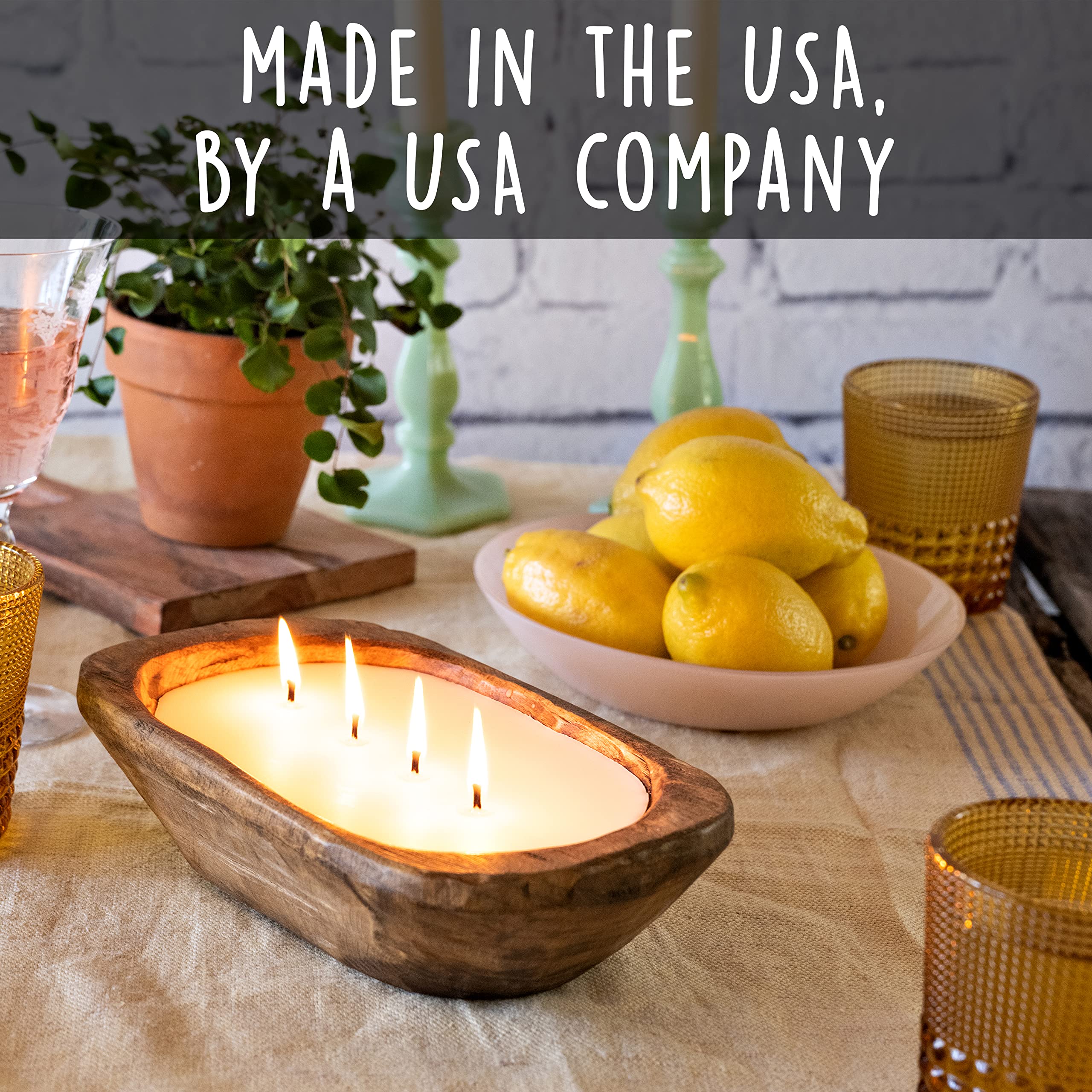 10 Inch Wooden Dough Bowl Soy Candle - Unscented Farmhouse Decor with 4 Wicks for Rustic Weddings, Holiday Centerpieces & Cozy Home Ambiance