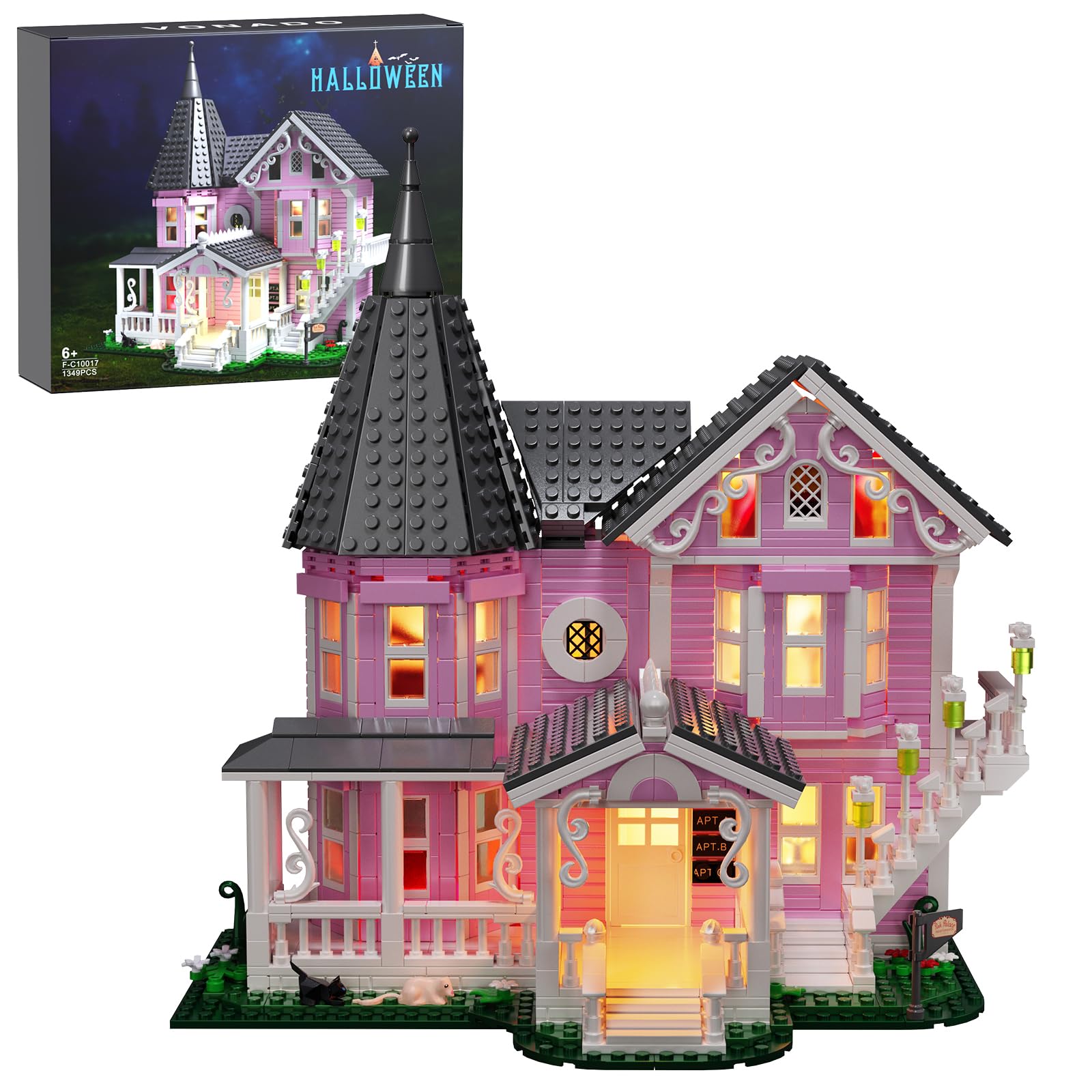 Pink Palace Haunted House Building Set with LED Lights - 1349PCS Halloween Block Toy Kit for Kids & Adults Ages 8+, Lego-Compatible Christmas Gift for Girls & Boys - Perfect for Spooky Decor, Holiday Displays & Creative Play
