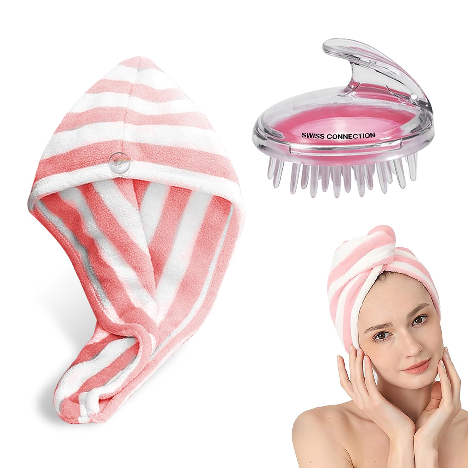 Swiss Connection Scalp Massager Brush with Microfiber Hair Wrap Towel - Soft Silicone Bristles for Hair & Scalp Care - Quick Dry Hair Towel for Men & Women (2 Pack) - Perfect for Shower, Spa & Home Hair Care Routine