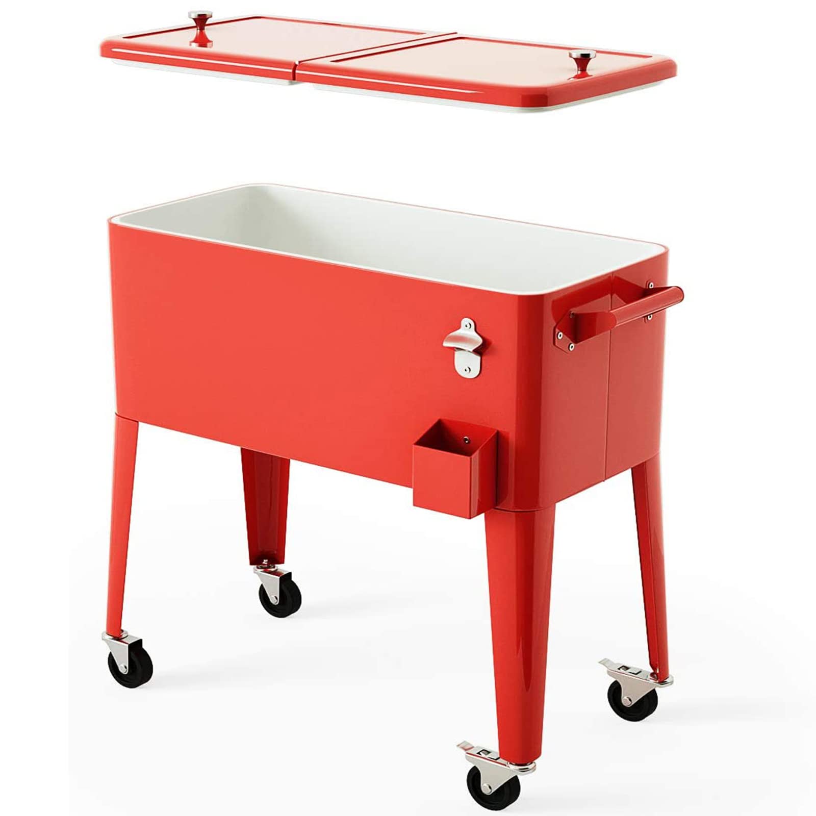 Giantex 80 Quart Rolling Cooler Cart with Wheels - Steel Outdoor Patio Cooler with Locking Wheels, Bottle Opener & Drain Plug - Portable Ice Chest for Party, BBQ, Camping, Beach & Tailgating (Red)