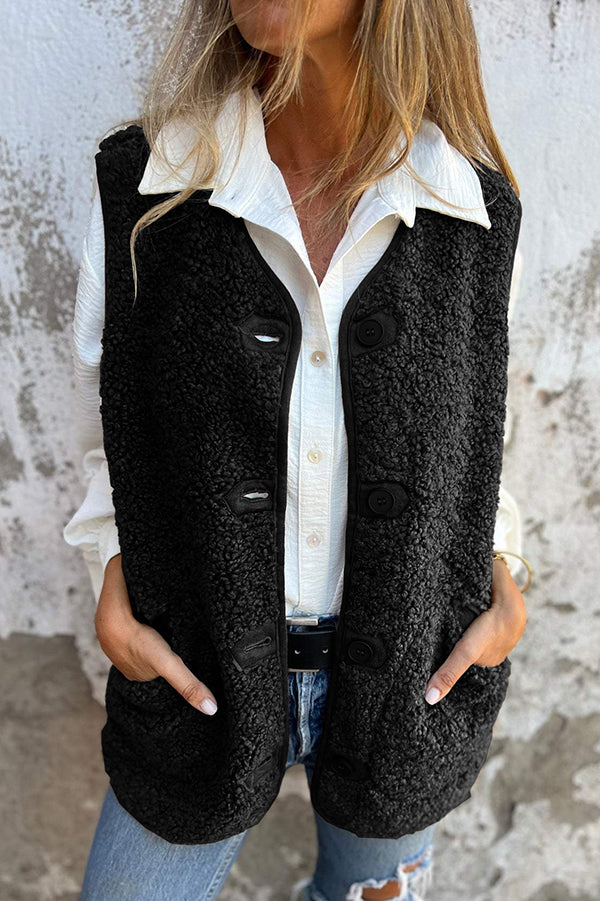 Solid Color V-Neck Pocket Button Sleeveless Polar Fleece Vest for Women - Warm Winter Layering, Outdoor Activities & Casual Wear