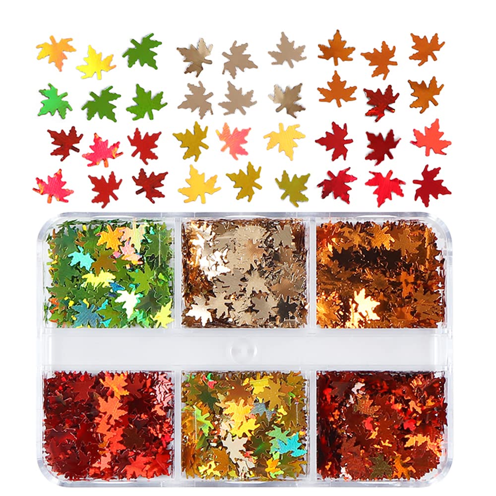 6 Grids 3D Fall Nail Art Stickers - Autumn Maple Leaf Glitter Nail Decals with Holographic Laser Sequins for Thanksgiving & Halloween Nail Designs - Perfect for Seasonal Manicures, Parties and Special Occasions