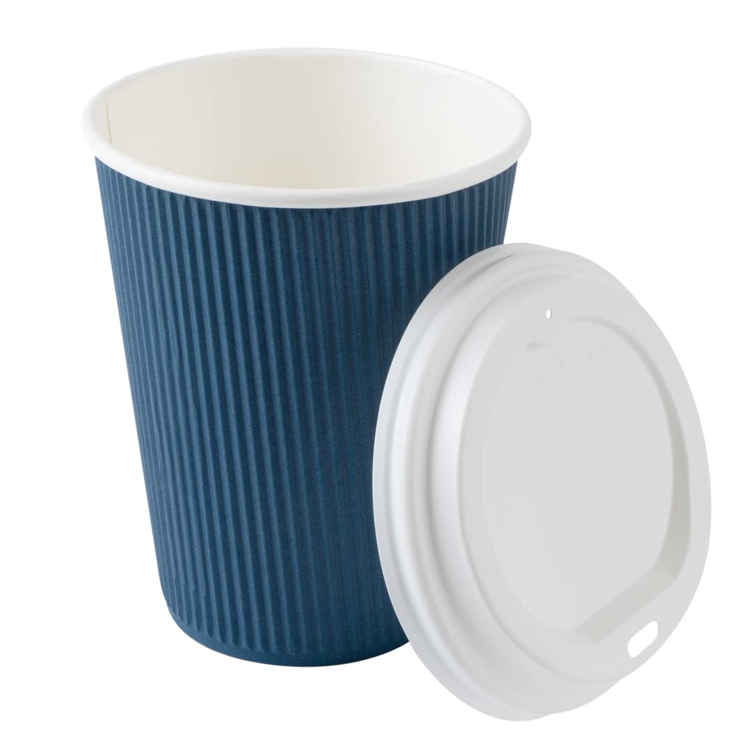 12oz Insulated Coffee Cups with Lids (20 Pack) - Leakproof & Non-Slip Ripple Wall Hot Cups | Disposable Midnight Blue Paper Cups for Coffee, Tea, Hot Cocoa & Lattes | Perfect for Cafes, Offices & Home Use
