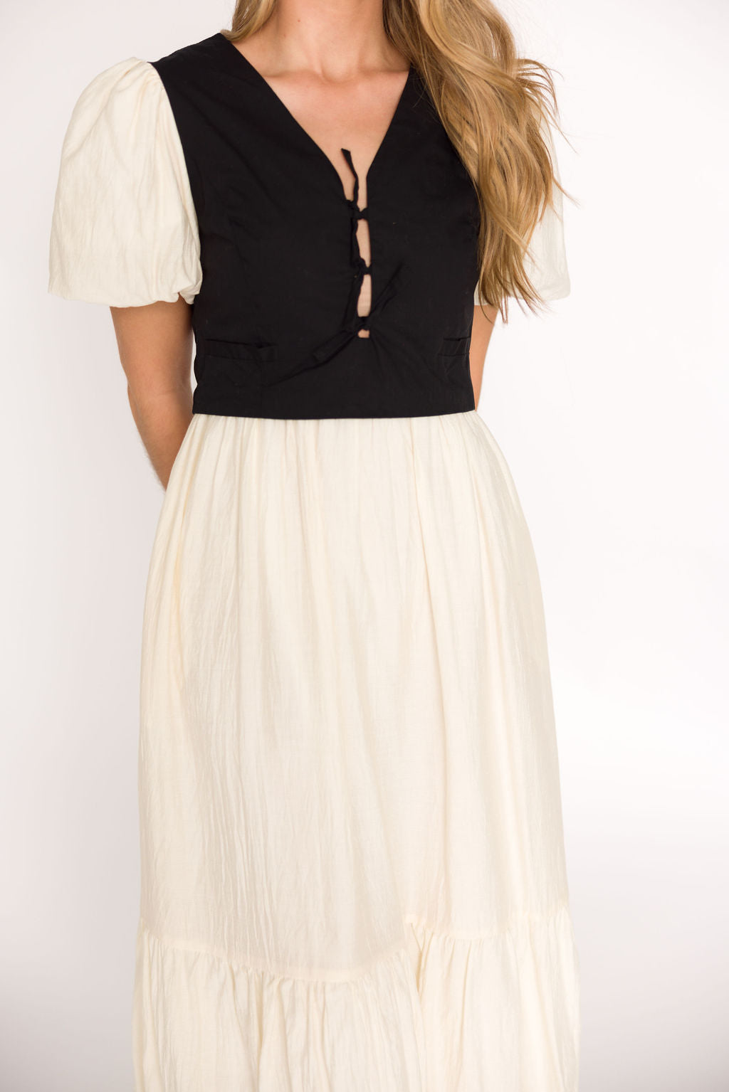 Mya Contrast Tie Vest Midi Dress in Ivory/Black - Elegant Women's Formal Dress for Office, Wedding & Special Occasions