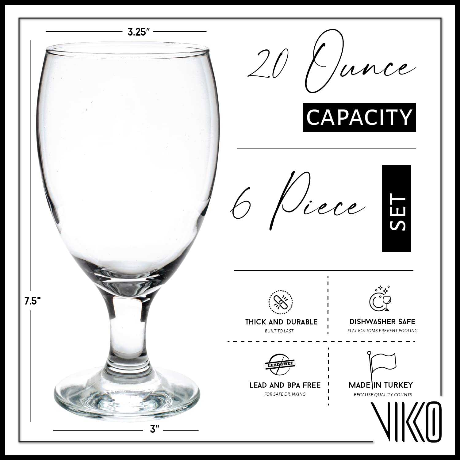 Vikko Classic 20oz Goblet Glasses Set of 6 - Elegant Iced Tea & Water Drinking Glasses for Parties, Weddings & Home Dining - Durable Dishwasher Safe Glassware for Everyday Use & Special Occasions