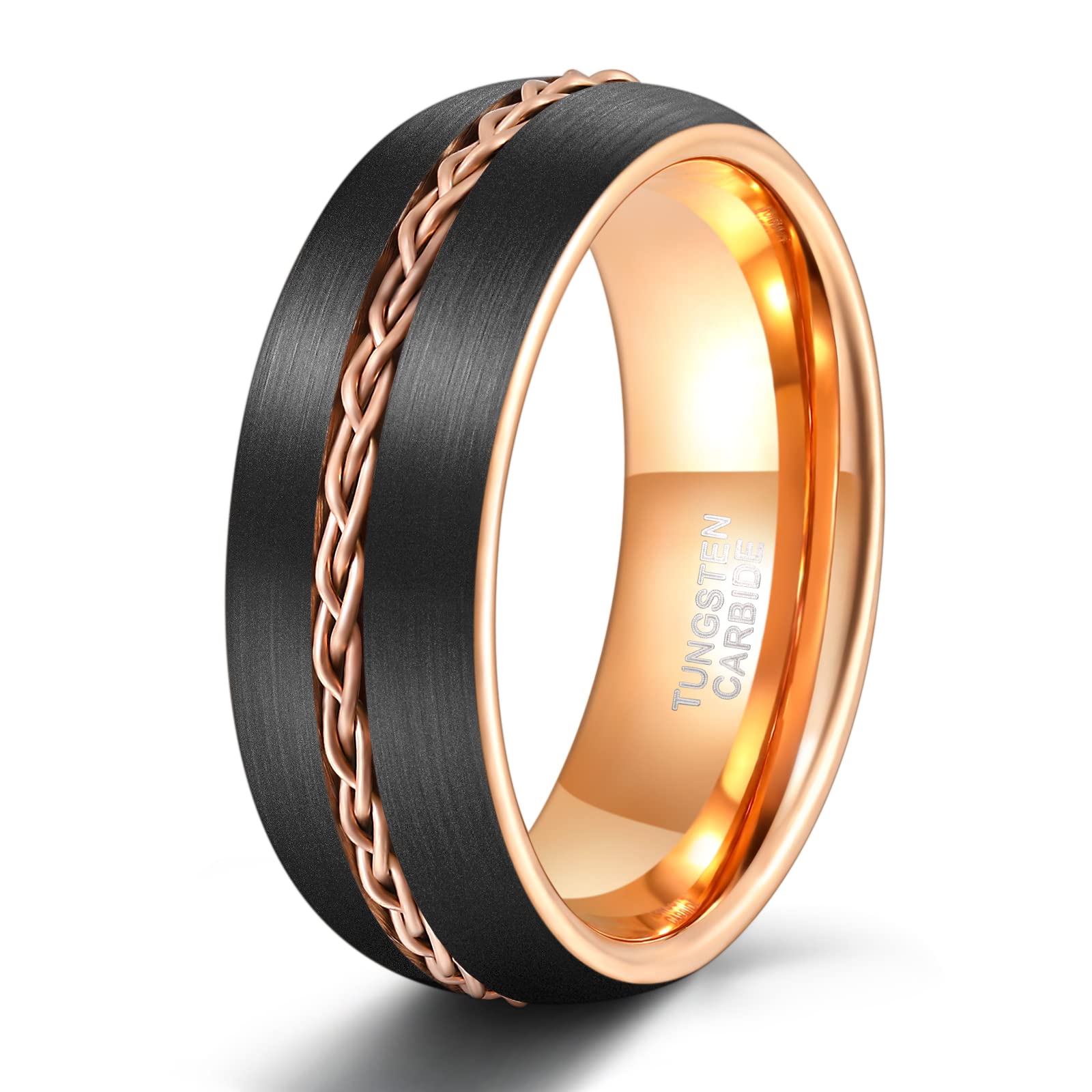 TRUMIUM 8mm Men's Tungsten Wedding Band - Grooved Gold Rope Design with Braided Inlay, Matte Finish, Comfort Fit Sizes 7-13 - Perfect for Engagement, Anniversary Gifts & Everyday Wear