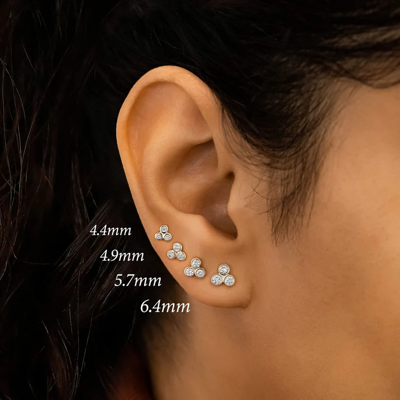 3 Stone Trio Bezel Set Stud Earrings - Single Half Pair (SE018H) | Elegant Minimalist Jewelry for Women, Perfect for Everyday Wear, Date Nights & Special Occasions