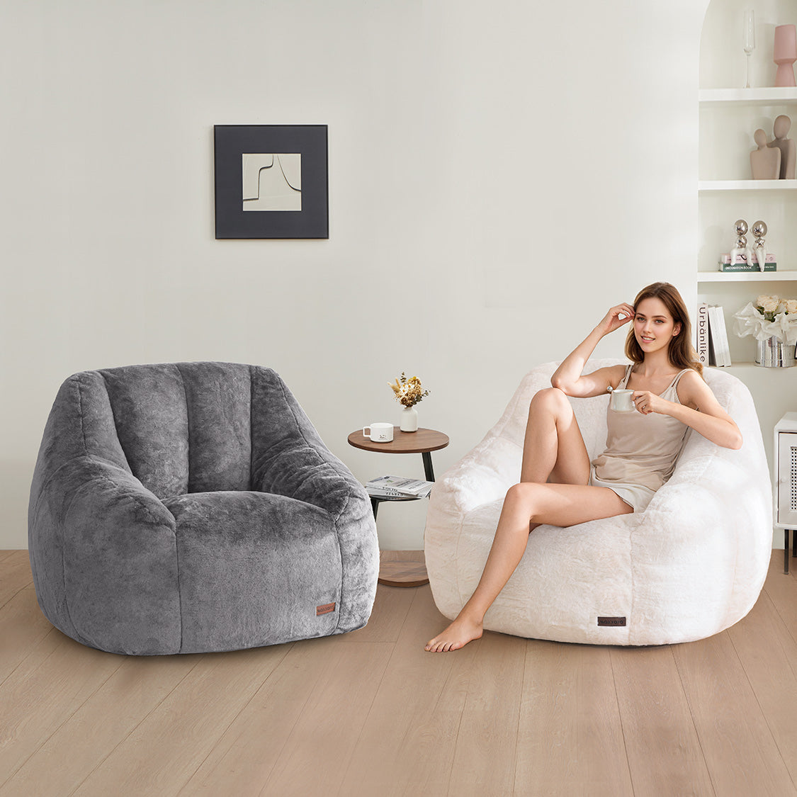 MAXYOYO Faux Fur Bean Bag Chair with High Backrest - Grey, Oversized Comfortable Lounge Chair for Living Room, Bedroom, Dorm, or Game Room - Perfect for Relaxing, Reading, and Gaming