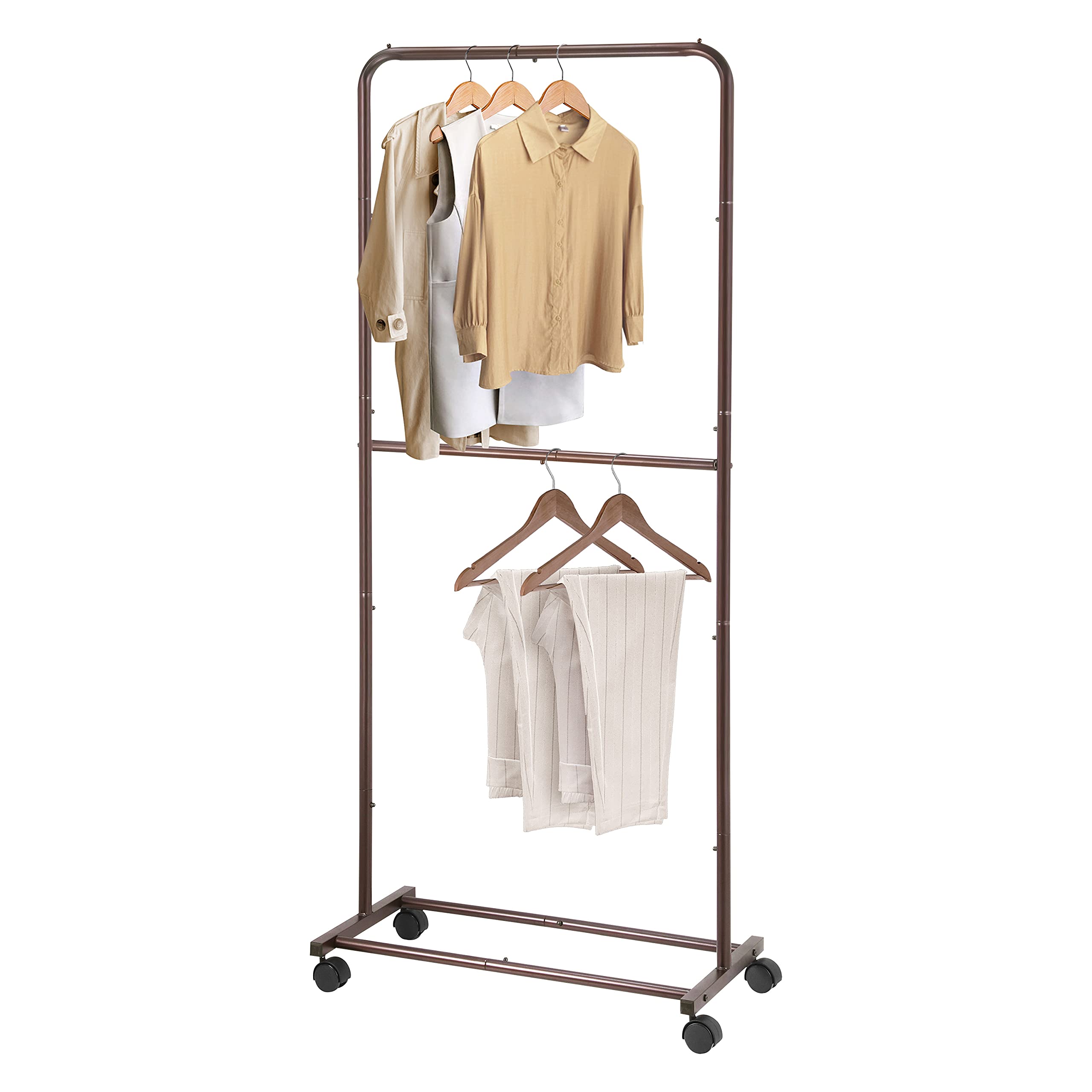 Trendy Double Rod Rolling Garment Rack with Wheels - Bronze Clothes Organizer for Hanging Dresses, Coats & Jackets | Perfect for Bedroom Closet Organization, Laundry Room Storage & Boutique Display