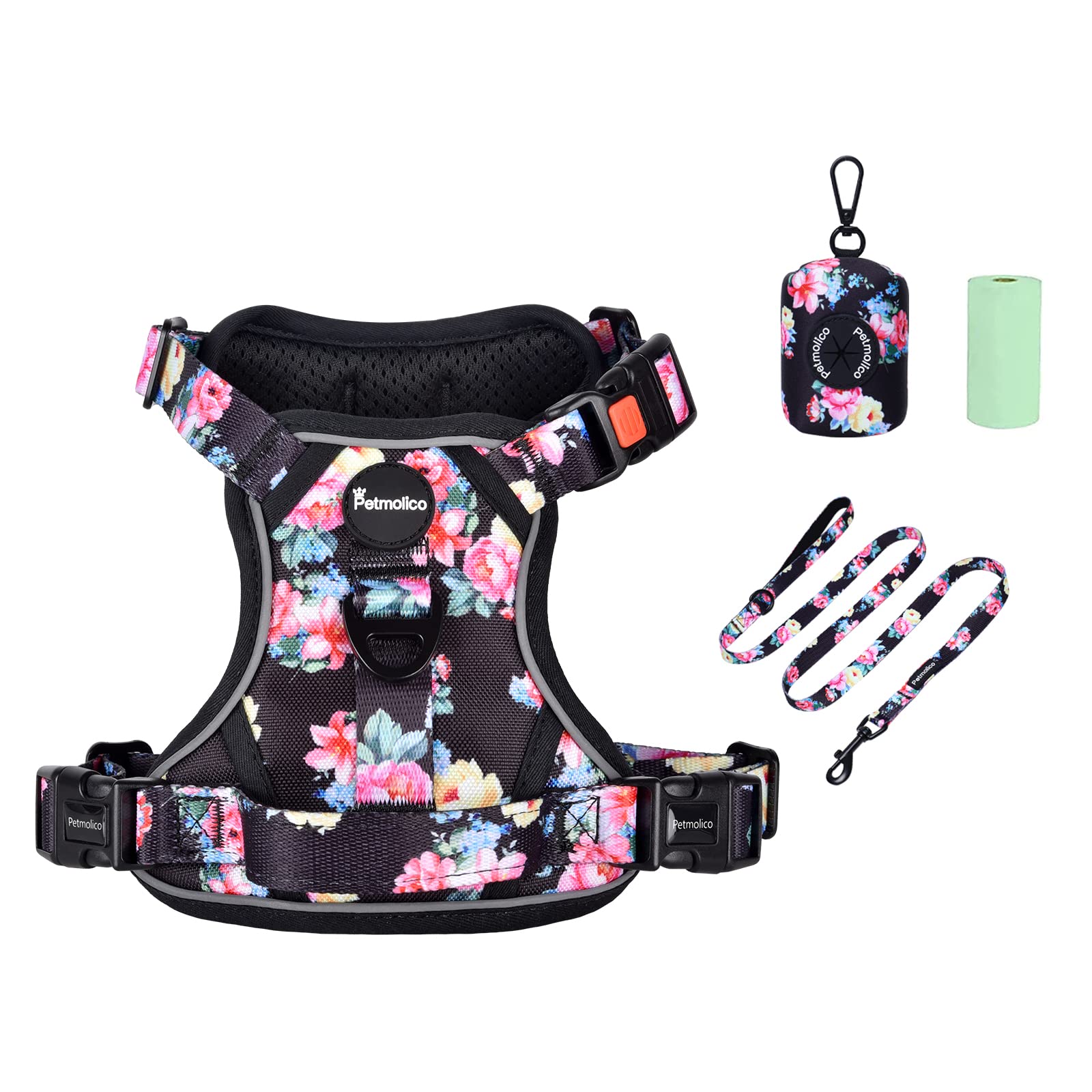 Petmolico No Pull Dog Harness Set with Leash - Reflective Adjustable Vest for Small & Medium Breeds, Puppy Harness with Easy Control Handle & Poop Bag Holder - Perfect for Walking, Training & Outdoor Adventures (Medium - Paeonia)