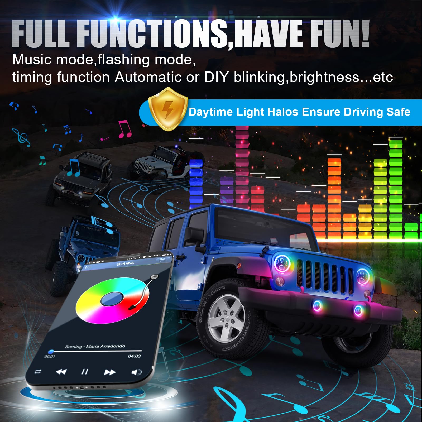 SUPAREE 7 Inch Round RGB LED Headlight Fog Lights with Amber Turn Signal - DOT Approved Halo Light for Jeep Wrangler JK JKU TJ LJ (1997-2017) - Off-Road Adventure & Night Driving Upgrade