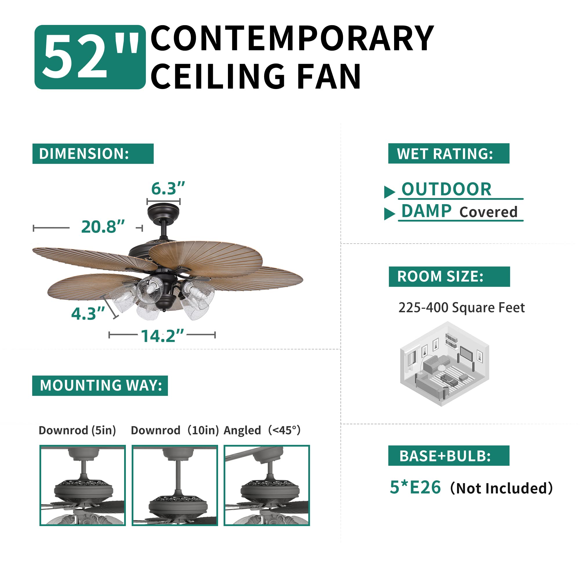 YITAHOME 52 Inch Tropical Ceiling Fan with Light Kit & Remote Control - Palm Leaf Blades, 3 Speed Settings, 4 Timer Options, Silent Reversible Motor (Sandstone/Black) - Perfect for Bedroom, Living Room, and Outdoor Patio Cooling