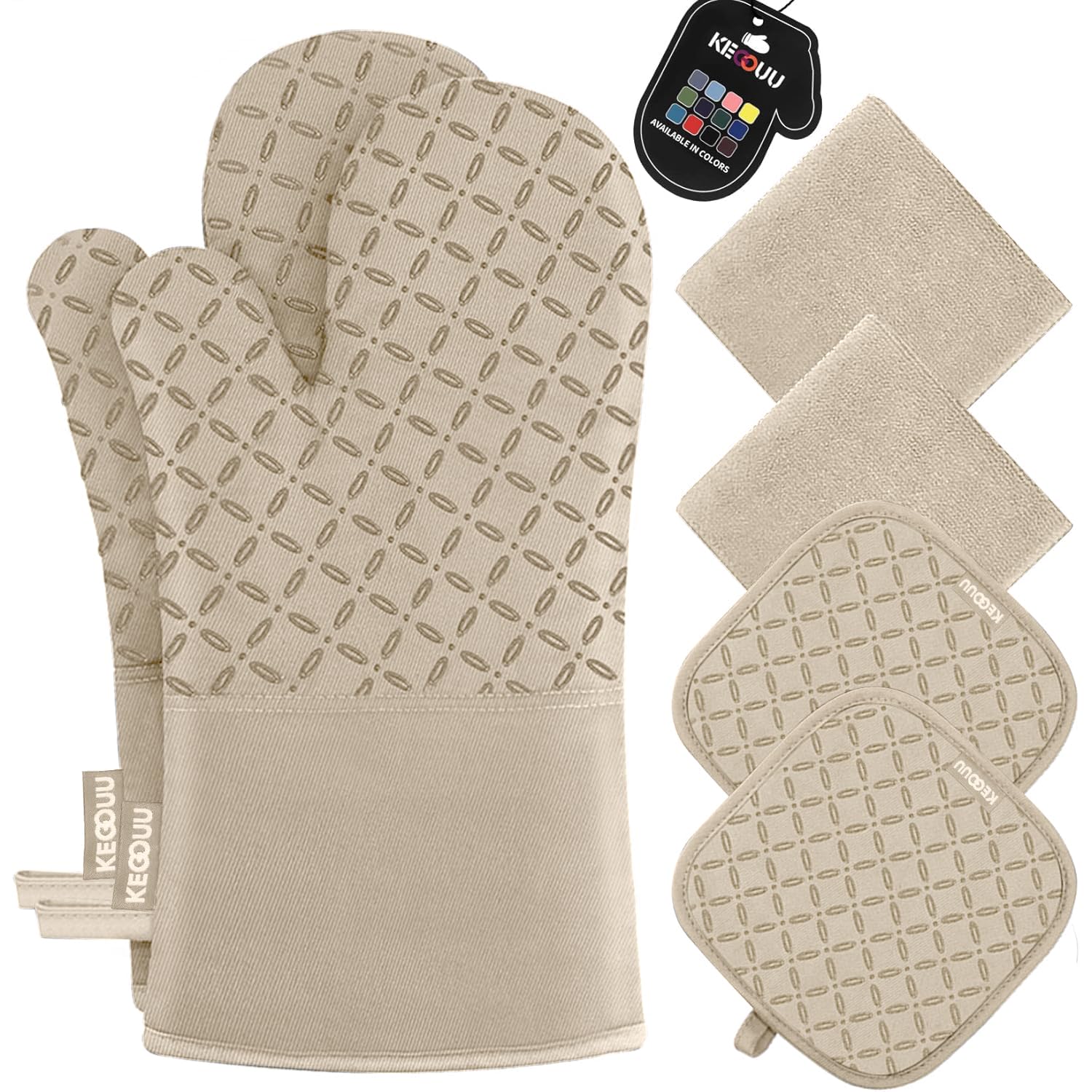 KEGOUU 6-Piece Heat Resistant Oven Mitts and Pot Holders Set - 500°F High Temperature Protection with Non-Slip Silicone Surface for Baking, Grilling & Cooking (Almond) - Perfect for Kitchen, BBQ & Outdoor Cooking