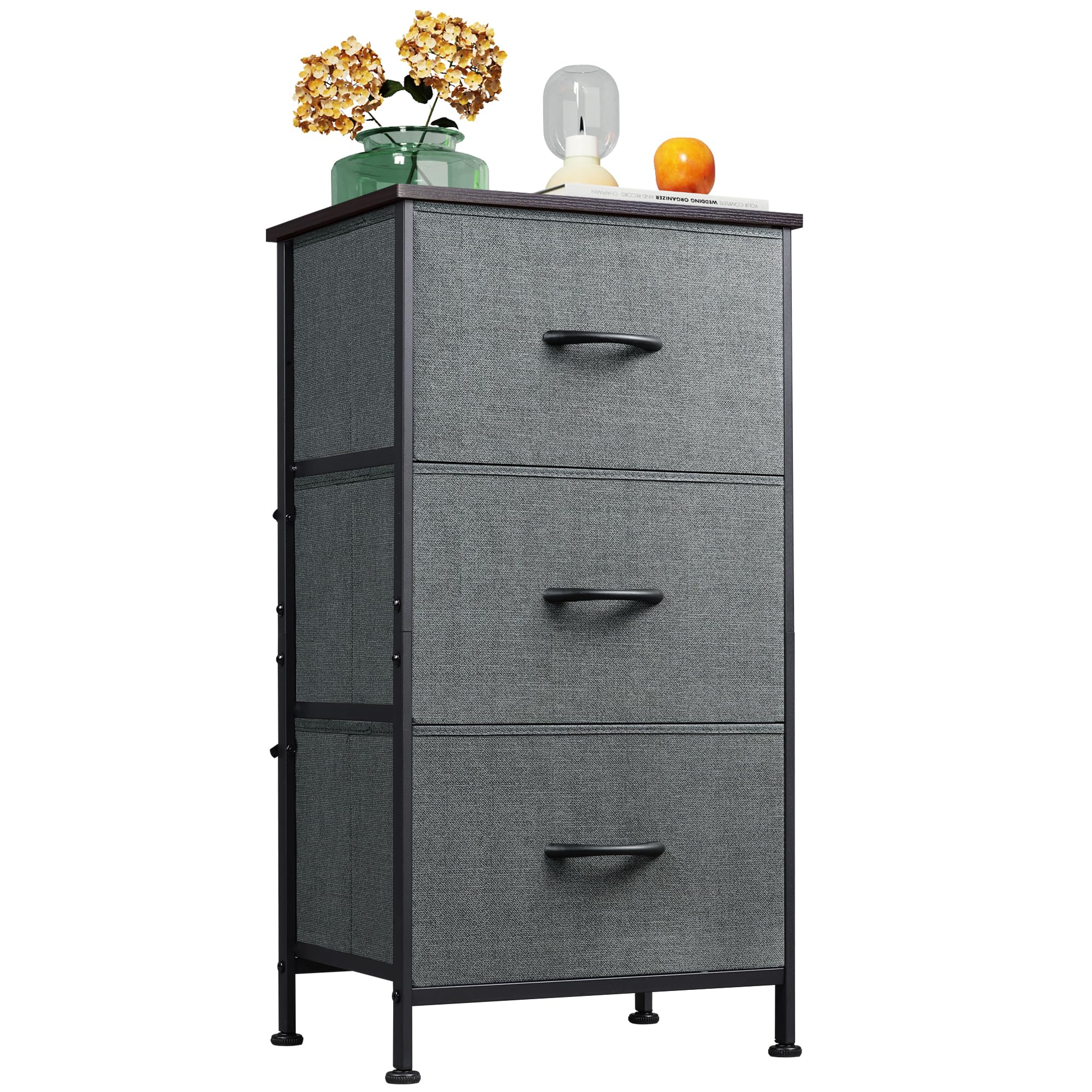 WLIVE 3-Drawer Fabric Dresser with Wood Top & Sturdy Steel Frame - Bedroom Nightstand, Hallway Storage Organizer, Entryway Closet Dresser - Easy Pull Handles, Dark Grey - Perfect for Small Spaces & Apartment Living
