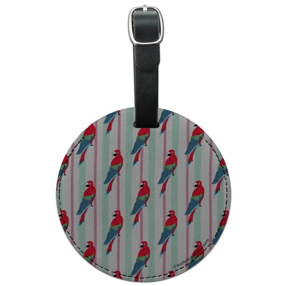Stylish Round Leather Luggage Tag with Parrot & Stripes Design - Durable Suitcase ID Tag for Travel Bags & Carry-Ons | Perfect for Vacation, Business Trips & Airport Identification