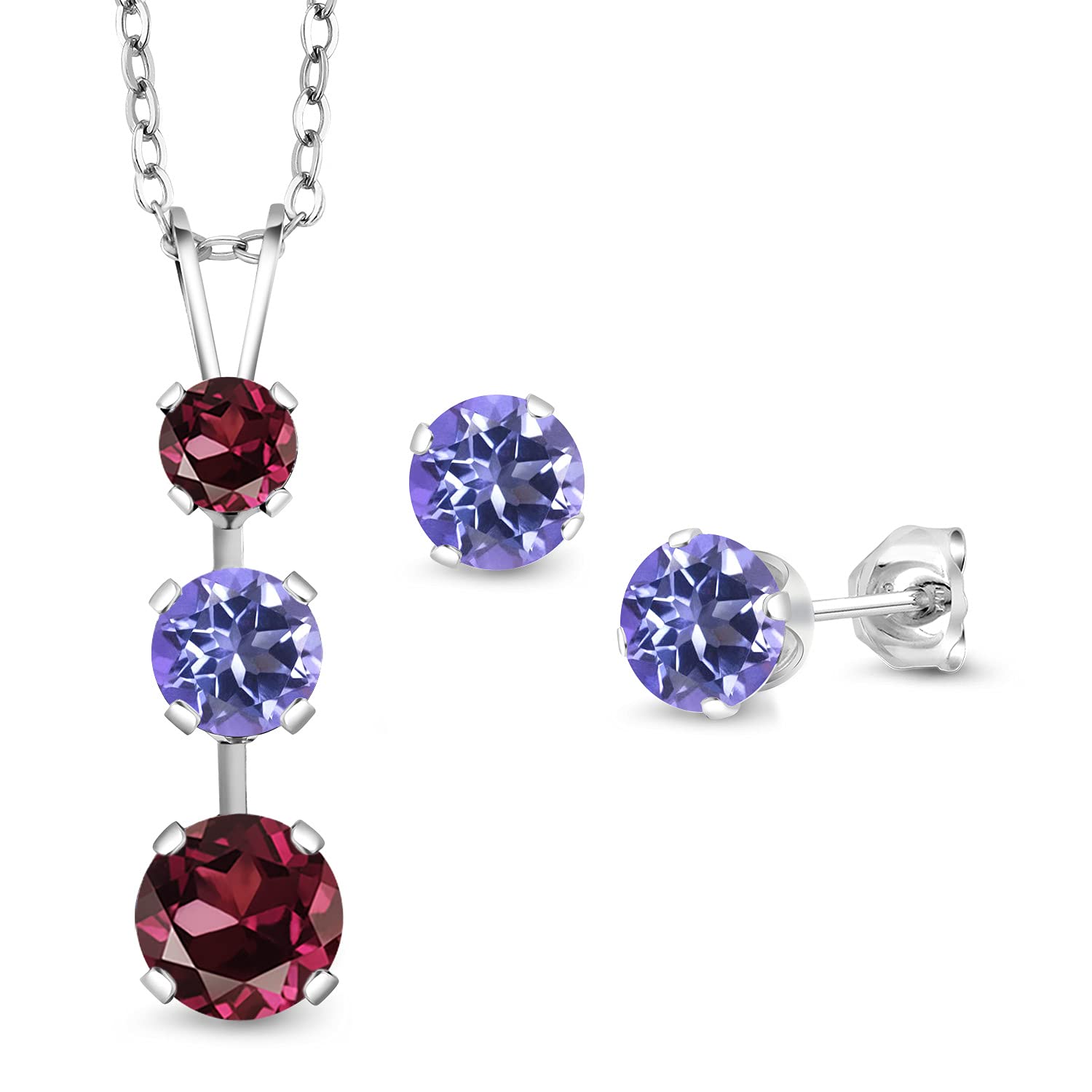 3.32 Ct Natural Red Rhodolite Garnet & Blue Mystic Topaz Sterling Silver Pendant Necklace with Earrings Set - 925 Silver Jewelry Gift for Women - Perfect for Weddings, Anniversaries & Special Occasions