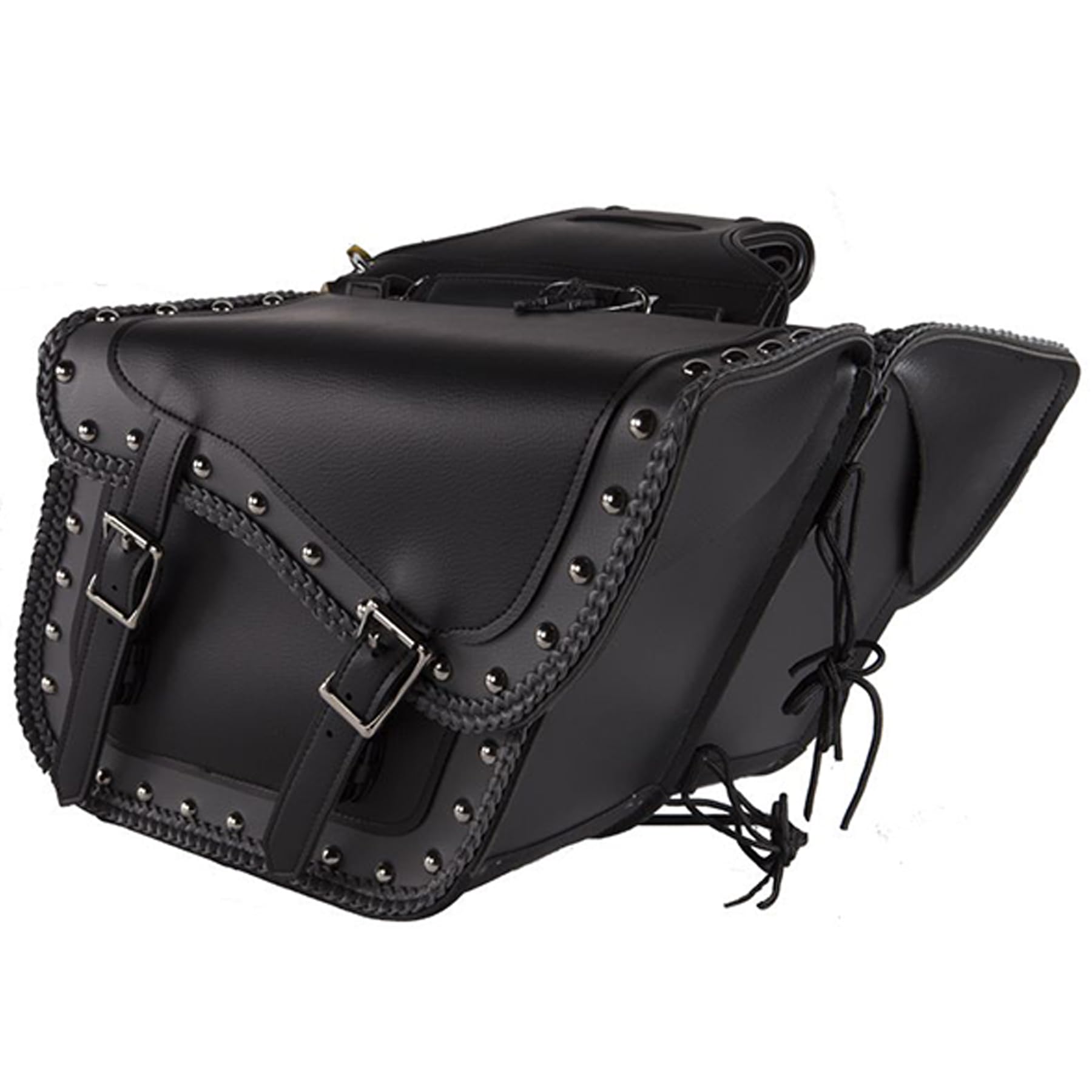 Faux Leather Motorcycle Saddle Bags with Studs - Universal Throw Over Side Bags for Honda Shadow, Sportster, Softail, Dyna & V-star (Black & Grey) - Waterproof PVC Storage for Cruiser Bikes, Road Trips & Daily Commuting