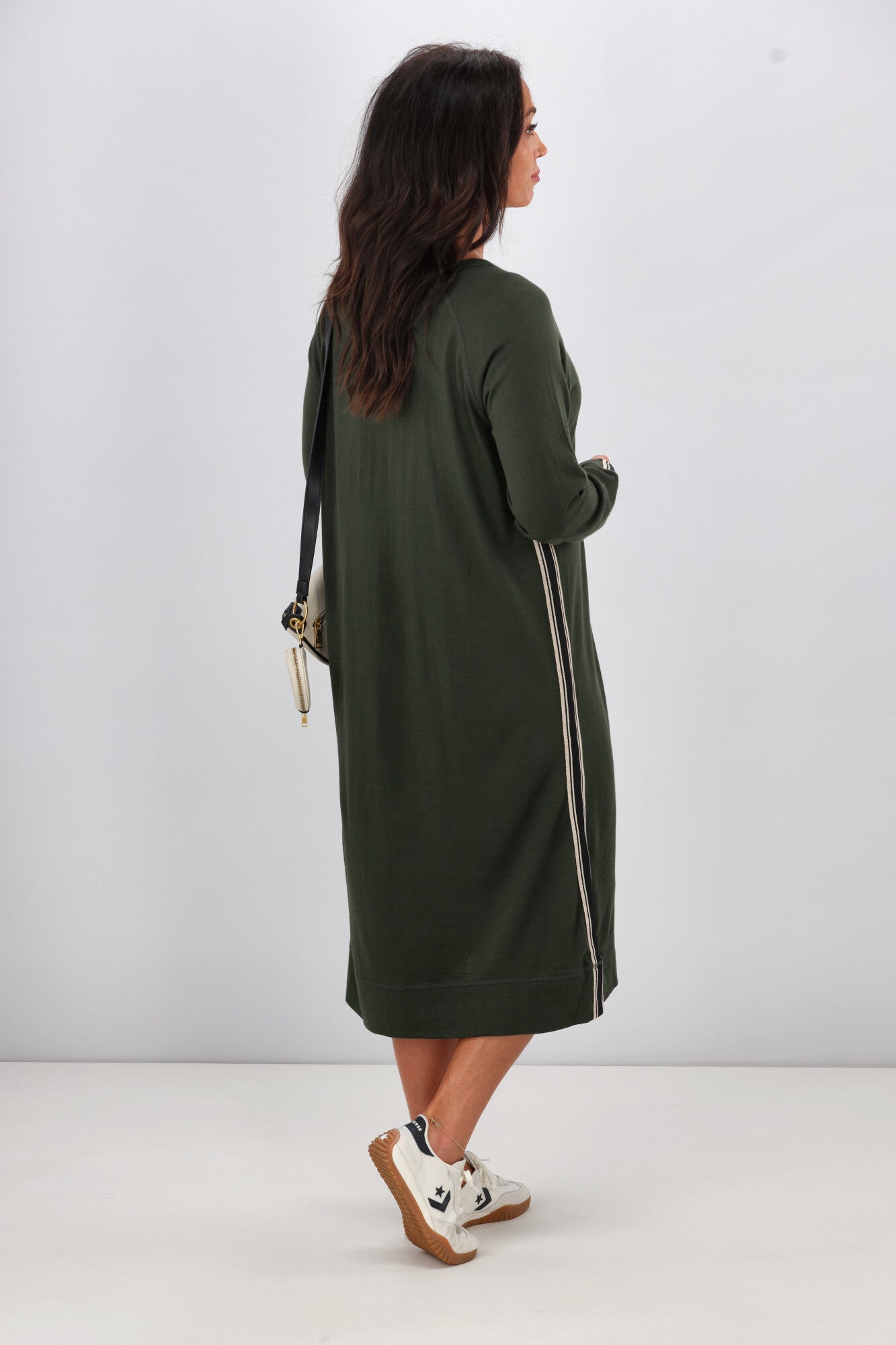 Alpine by Shine On Neve Stripe Detail Merino Wool Dress in Olive Green | Women's Winter Knit Dress for Office, Party & Casual Wear