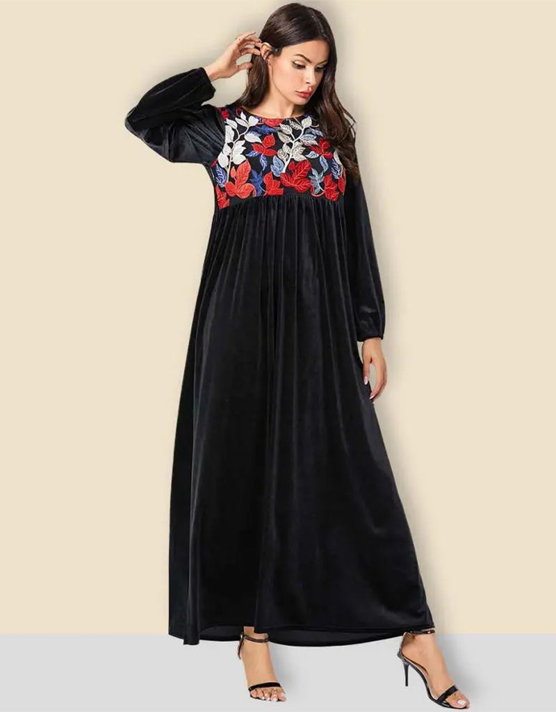 Elegant Black & Emerald Green Velvet Abaya with Gold Embroidery - Perfect for Special Occasions & Evening Events