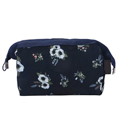 GLOA Fashion Flamingo Flower Print Travel Makeup Bag - Waterproof Cosmetic Organizer with Brush Holder, Portable Toiletry Pouch for Women (Dark Blue) - Perfect for Vacation, Gym & Daily Essentials Storage