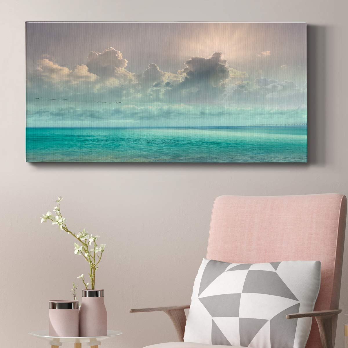 Modern Caribbean Ocean Blue Canvas Wall Art - Landscape Beach Print for Living Room, Bedroom, Bathroom & Office Decor - Ready to Hang 24x48 Inches - Perfect for Coastal, Nautical & Tropical Home Styling