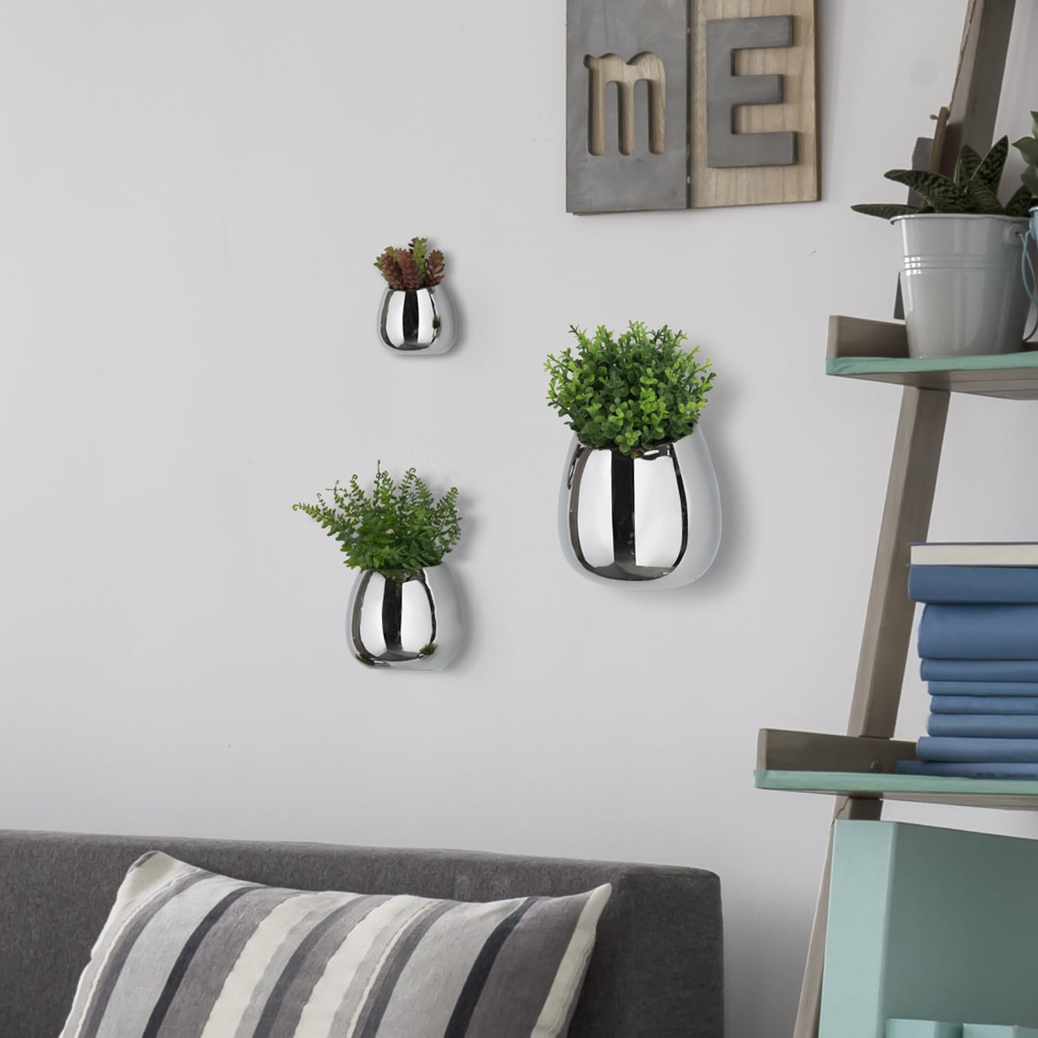MyGift Set of 3 Modern Wall-Mounted Silver Ceramic Planters - Succulent & Air Plant Hanging Vases for Home, Office Decor | Indoor Herb Garden & Small Flower Pots
