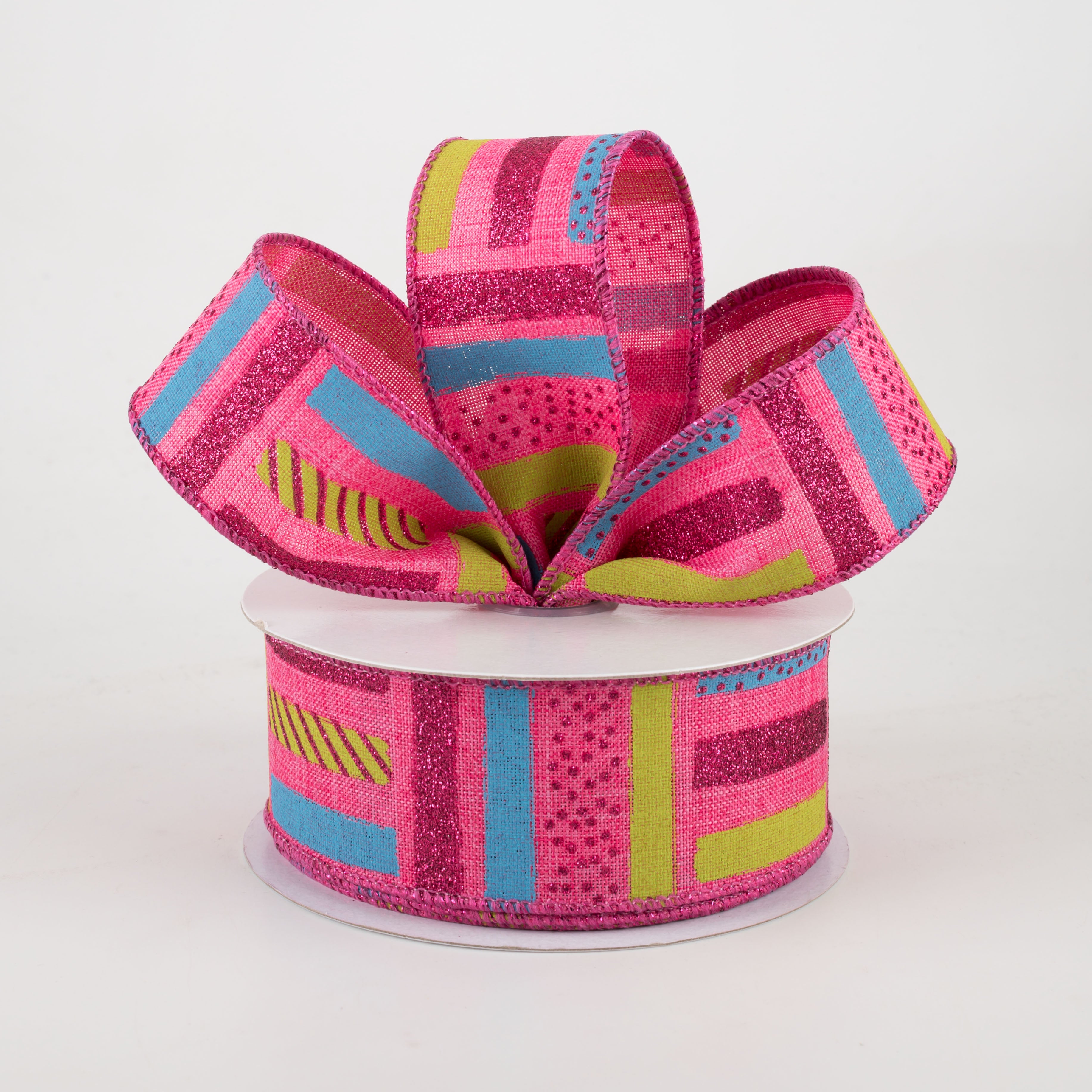 1.5 Inch Brush Stroke Stripes & Dots Ribbon - Hot Pink, Turquoise, Lime (10 Yards) - Perfect for Gift Wrapping, DIY Crafts, Scrapbooking and Party Decorations