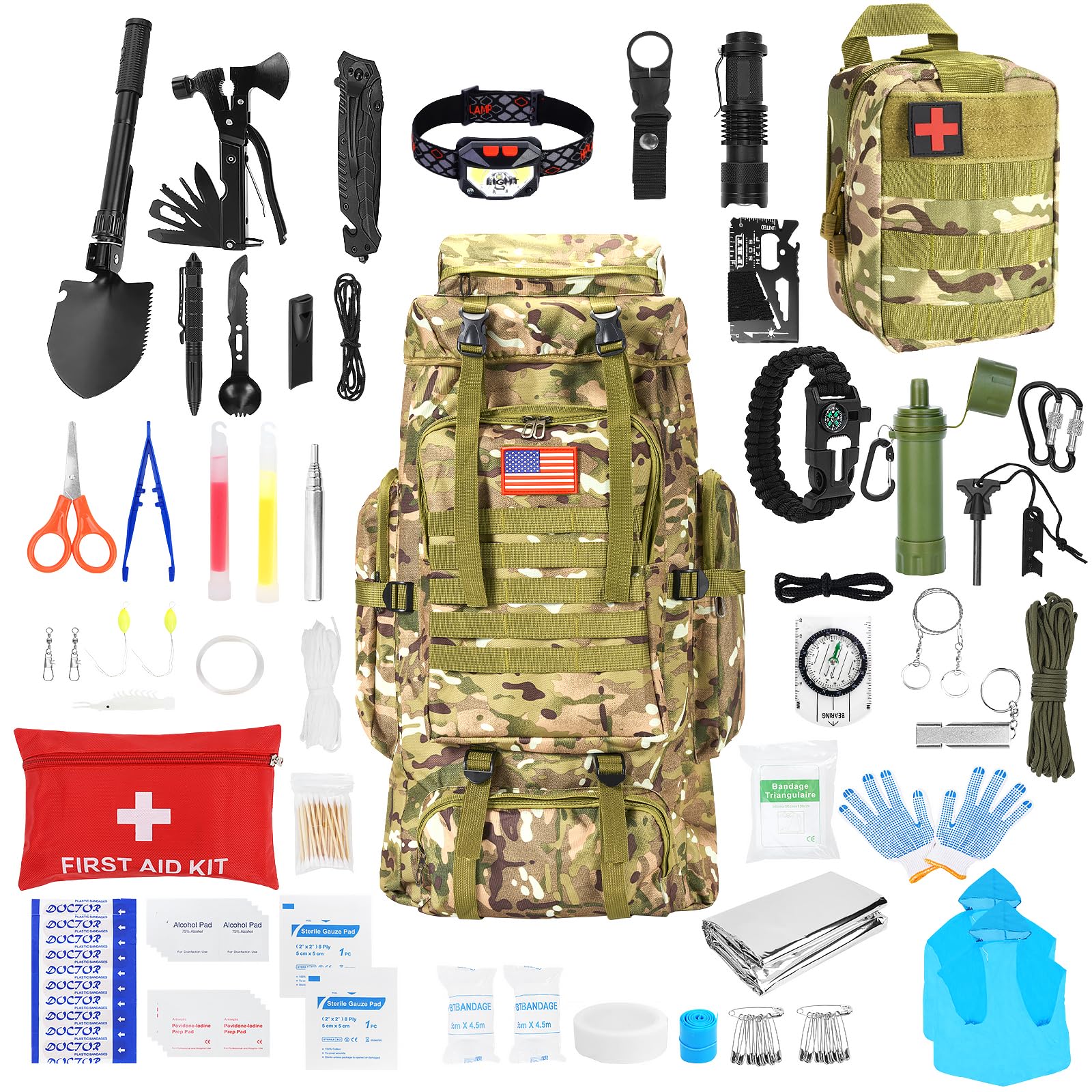 Professional Survival Gear Kit with Large Camping Backpack - Emergency First Aid Supplies for Outdoor Adventures, Hiking, Camping & Wilderness Survival