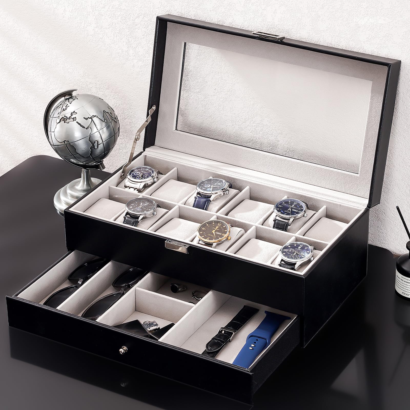 ProCase 12-Slot Watch Box for Men & Women - 2-Layer Watch Organizer with Glass Lid & Drawer - Premium Watch Display Case for Jewelry & Watch Storage - Perfect for Travel, Home Display & Gift Giving