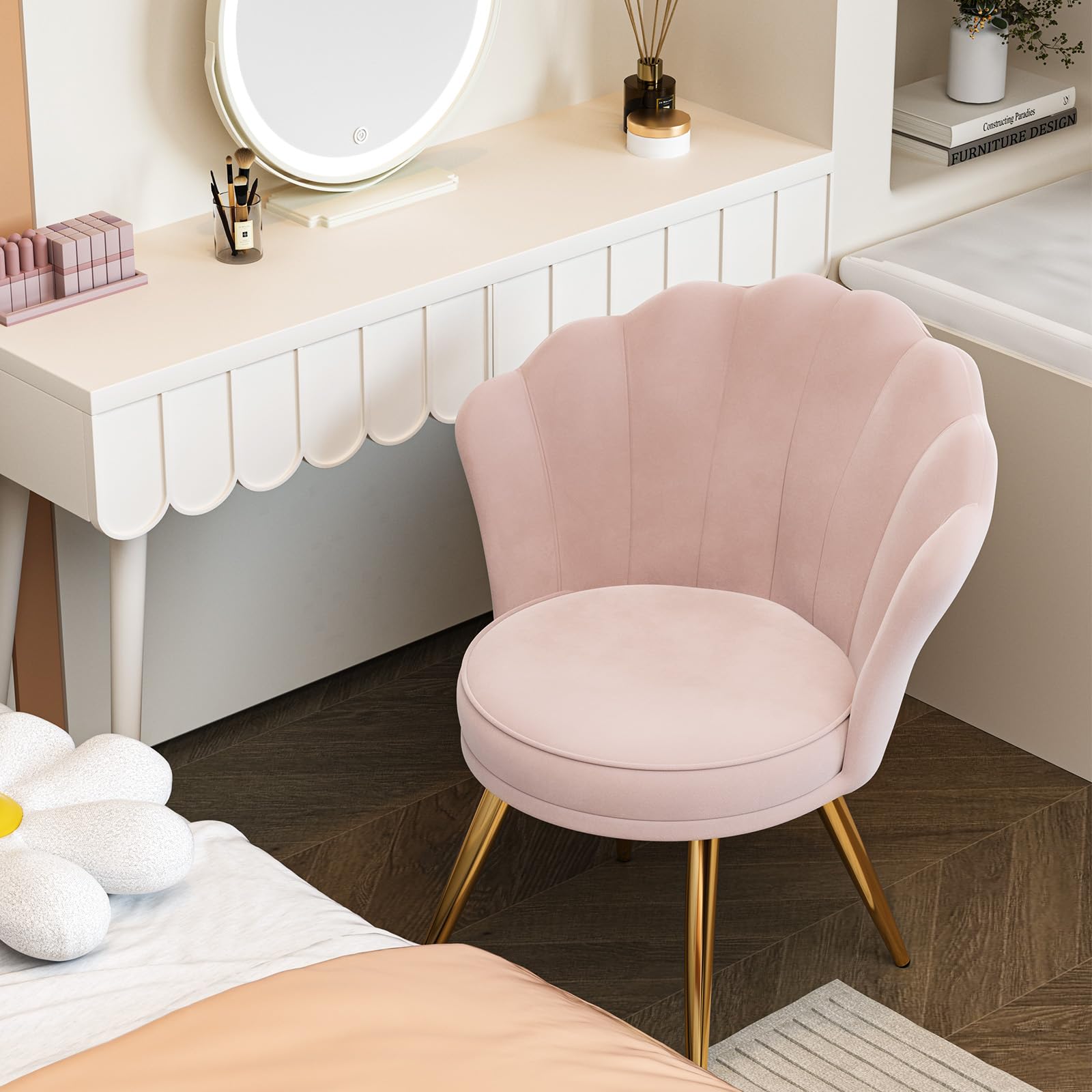 Luxury Velvet Accent Chair with Gold Metal Legs - Modern Makeup Vanity Chair, Upholstered Living Room Guest Chair & Bedroom Side Chair in Light Pink - Perfect for Dressing Room, Lounge & Home Decor