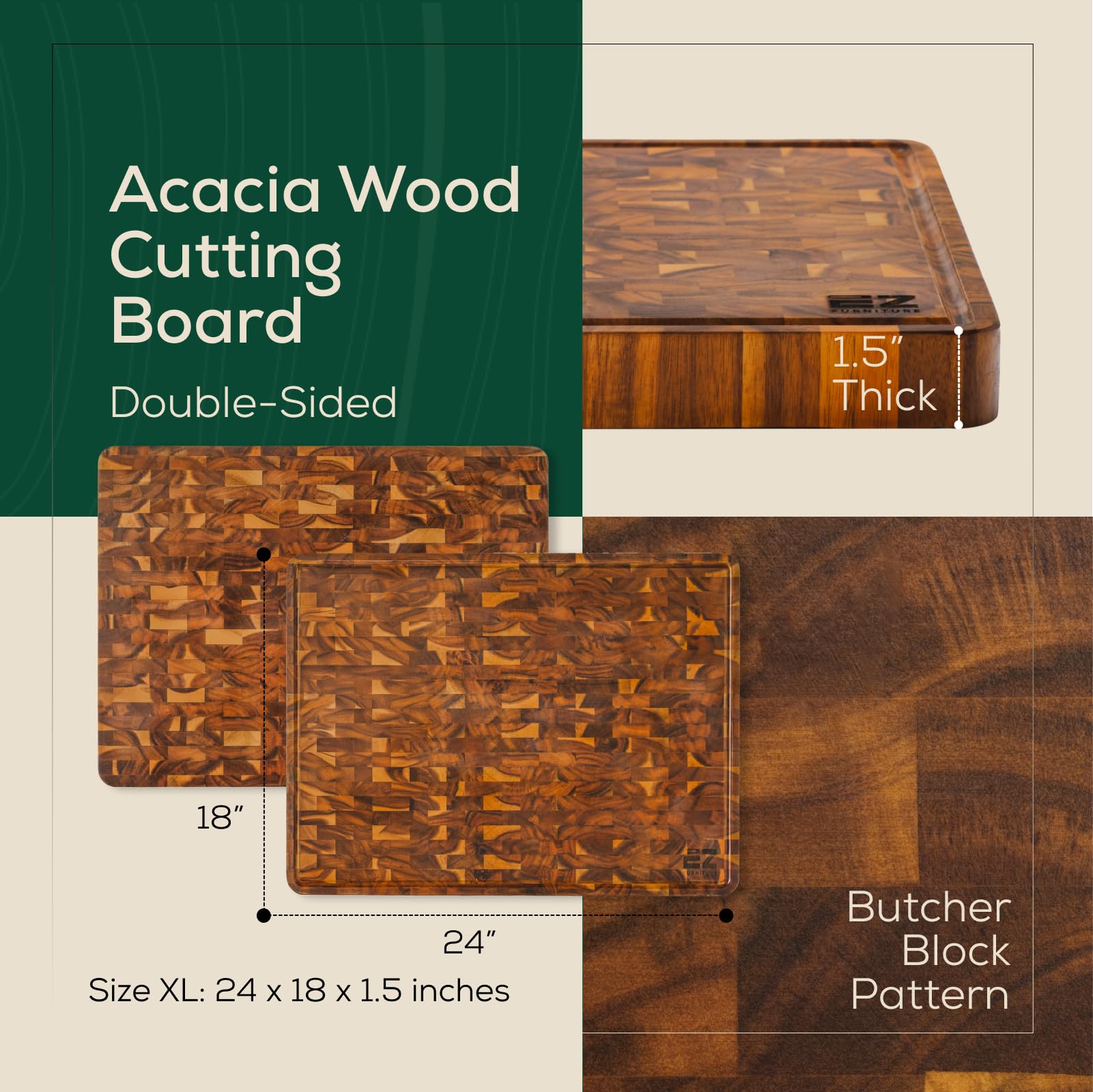 24 x 18 Inch Extra Large Acacia Wood Cutting Board - End Grain with Juice Groove & Handles | Knife Friendly Reversible Chopping Board for Meat, Vegetables & Fruits | Perfect for Kitchen Prep, Butcher Block & Charcuterie Board