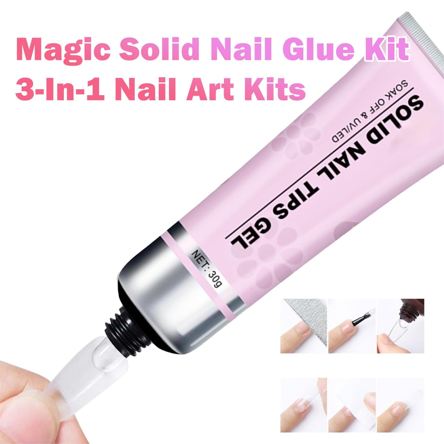 Magic Solid Nail Glue Kit - 3-in-1 Nail Art Set with Solid Nail Glue Gel & Press On Nails for Professional Salon & DIY Home Manicures