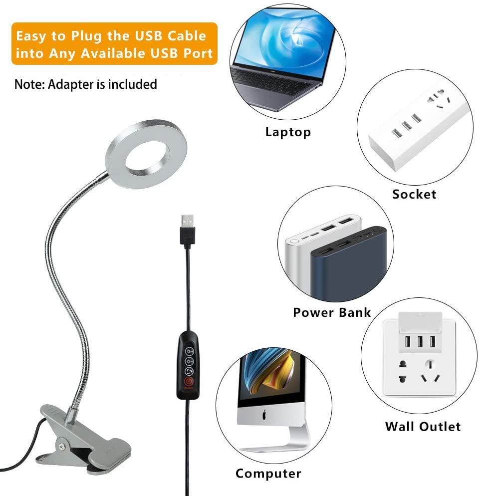 Depuley Dimmable Clip On Reading Light - 48 LED USB Bedside Lamp with 3 Color Modes & 15 Brightness Levels, Flexible Clamp Book Light for Makeup Mirror, Desk, Headboard, Piano, Computer - Perfect for Night Reading, Studying, and Crafting