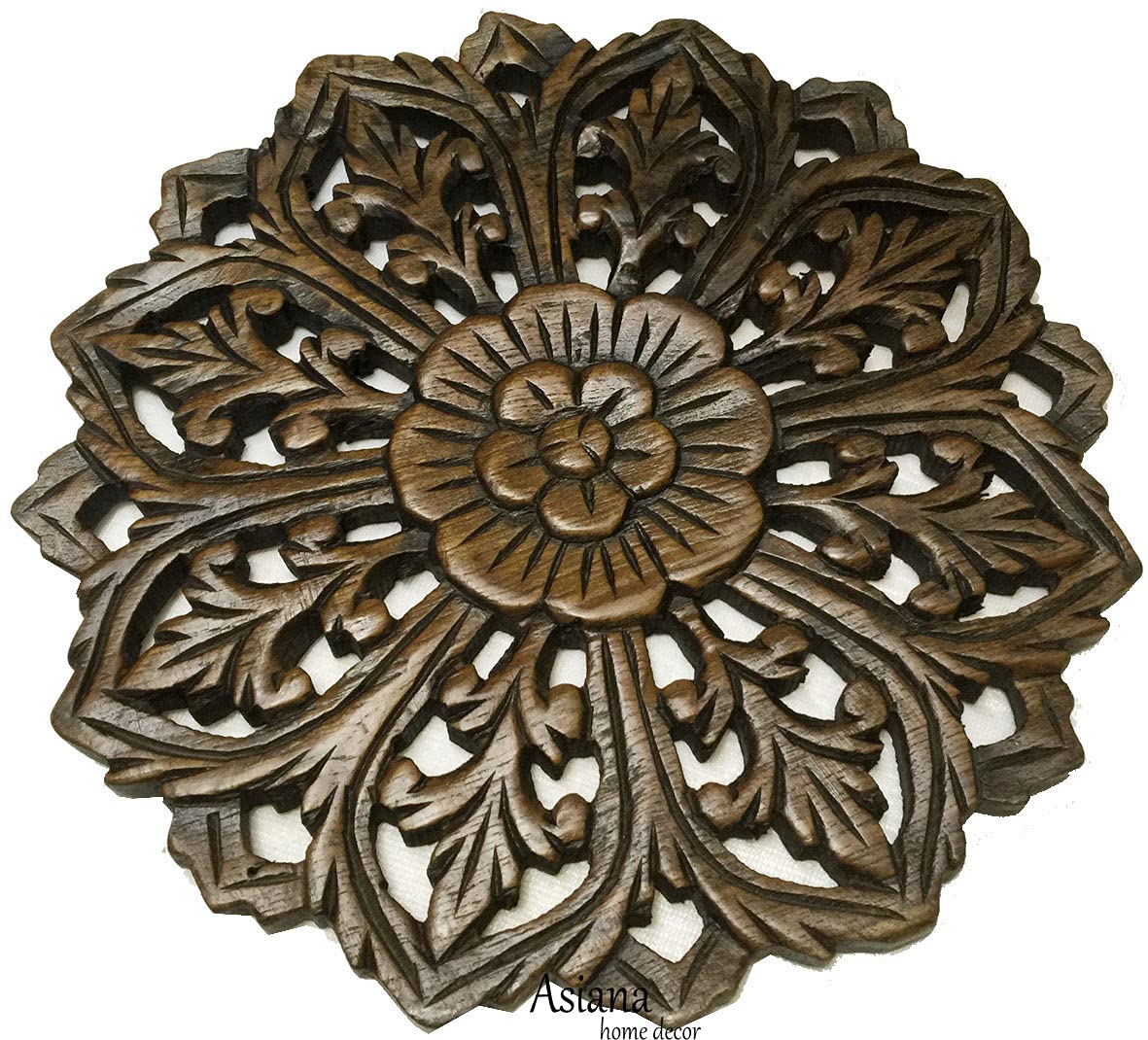 Asiana Home Decor Set of 3 Round Floral Teak Wood Wall Plaques - 12