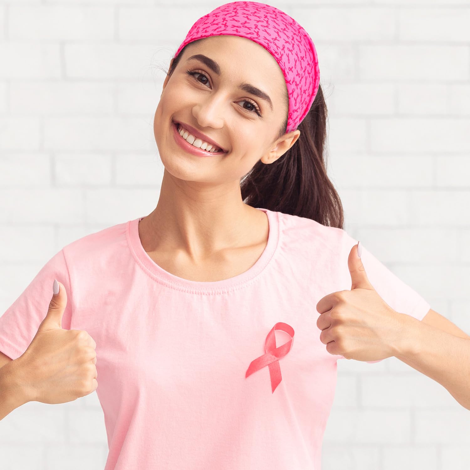 WILLBOND 4 Pack Pink & White Breast Cancer Awareness Headbands for Women - Stretchy Elastic Wide Hair Bands for Yoga, Running, Workout & Sports - Sweat Wicking Ribbon Hair Wraps for Exercise & Daily Wear