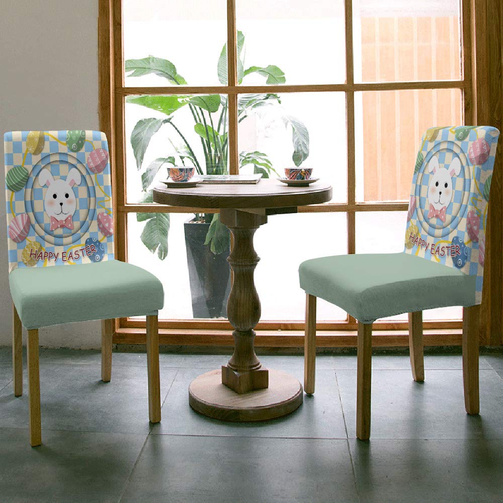 Stretch Chair Covers Set of 4 - Soft Washable Dining Room Chair Slipcovers with Elastic Bottom, Bunny & Egg Pattern - Perfect for Kitchen, Hotel, Office Furniture Protection | Easter Home Decor & Spring Party Essentials
