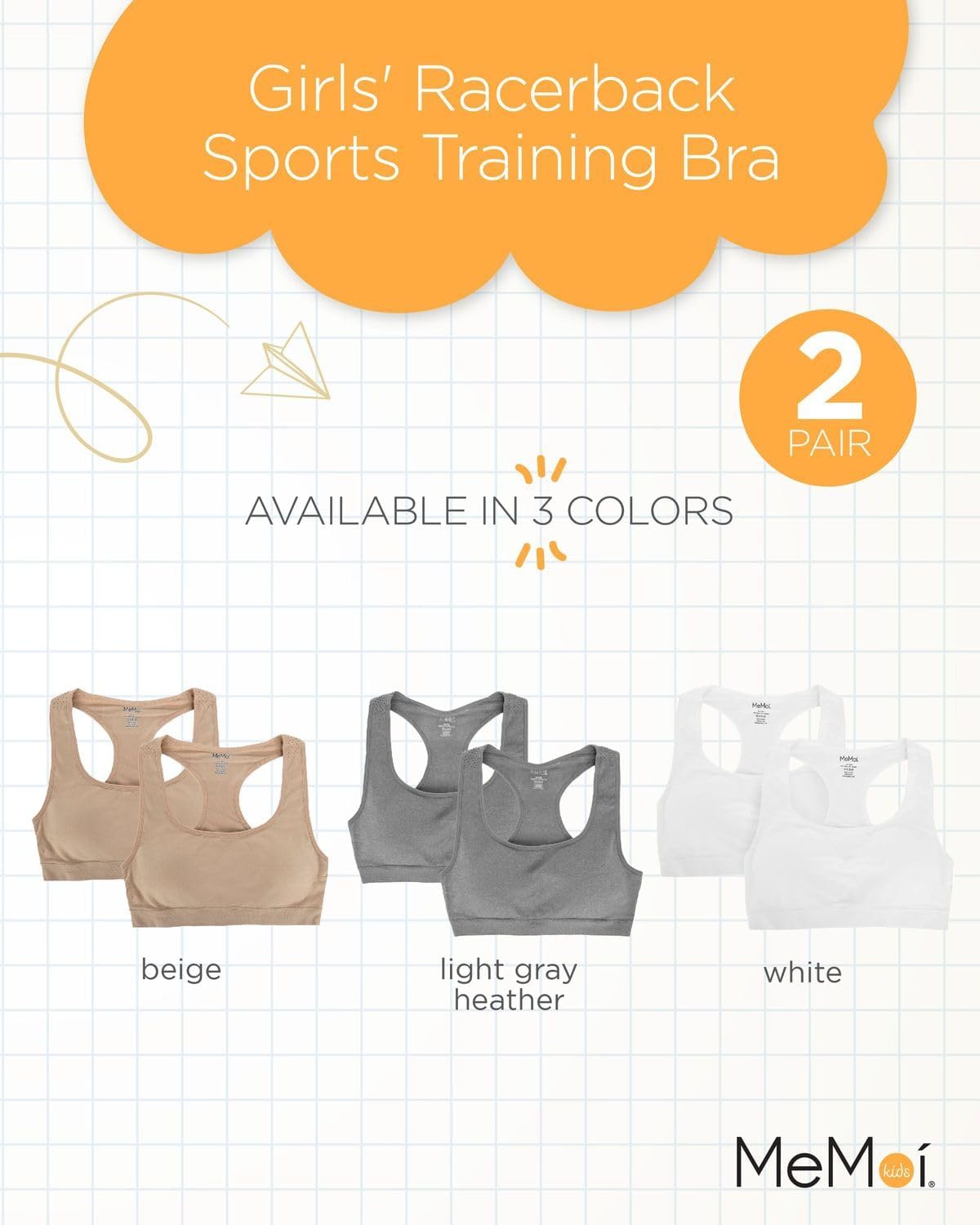 MeMoi Girls' 2-Pack Racerback Sports Bras - Breathable Workout Training Bras for Teens & Kids - Perfect for Gym, Yoga, Running & Active Play