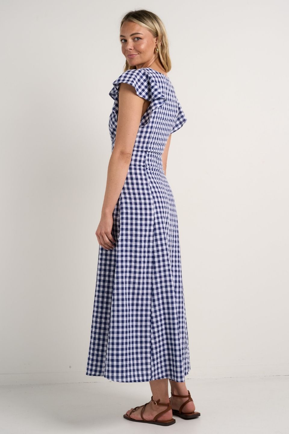 Flawless Navy Gingham Cotton Fluted Sleeve Button Front Midi Dress for Women | Summer Casual & Office Wear | Perfect for Brunch, Work, and Special Occasions